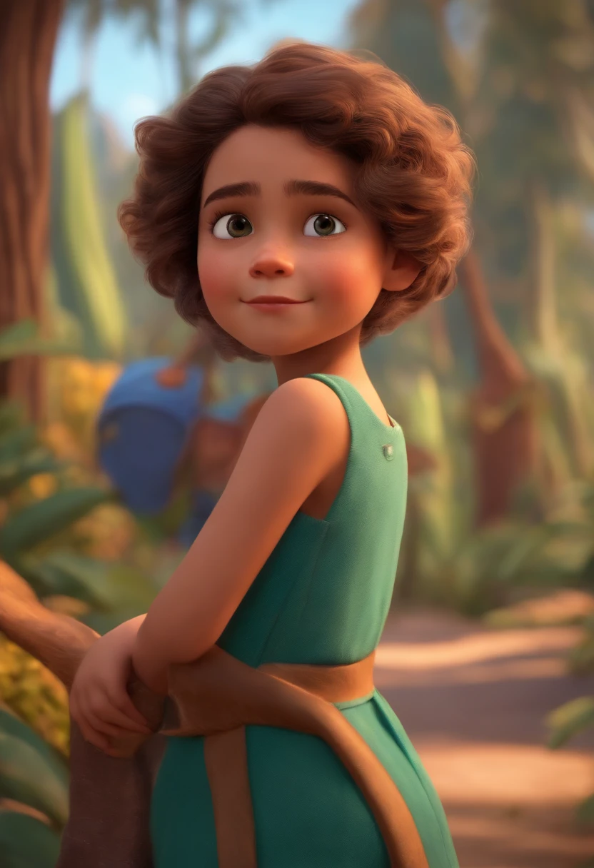 Image of a girl for a story in a YouTube video in Pixar format, She's the little allabester, Ela ama desenhar cogumelos, He's outgoing, Playful and gets up for a lot of things, cabelo curto