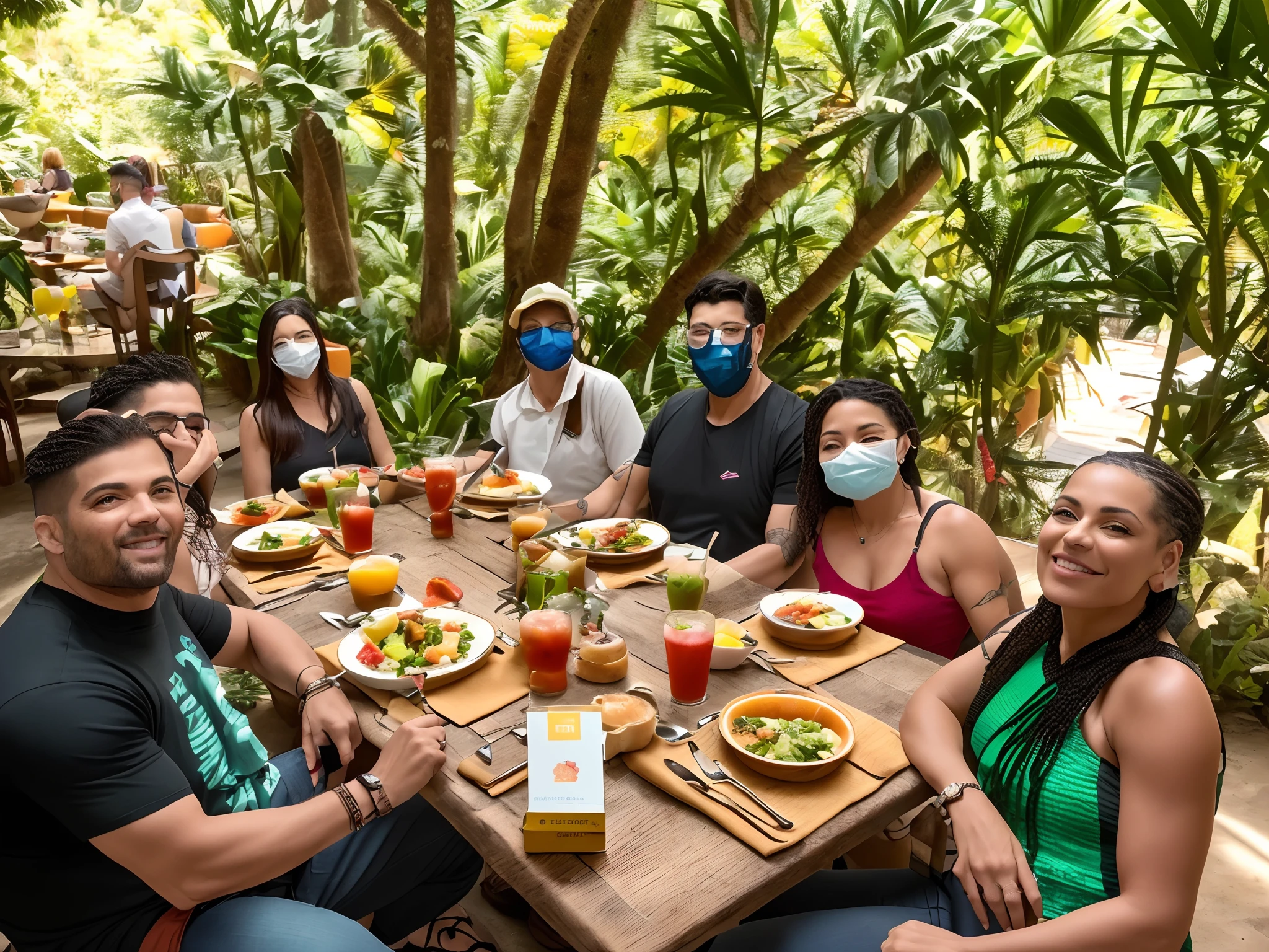 several people sitting at a table with plates of food and drinks, breakfast at las pozas, group sit at table, Fotografia tirada em 2 0 2 0, divertindo-se, foto de grupo, people outside eating meals, tiradas em 2022, 2023, 2 0 2 3, belos arredores, tomada em 2 0 2 0, NCIS, Tarde