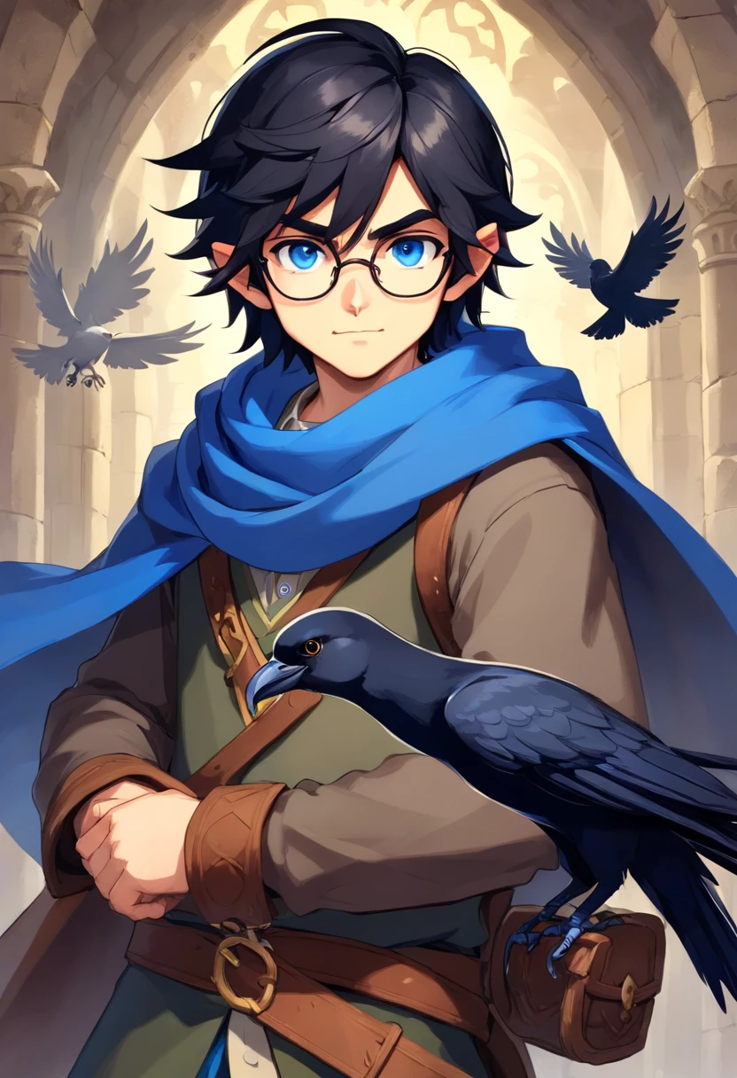 a medieval boy with wavy black hair, blue eyes, wearing glasses and a blue scarf, with a crow on his shoulder