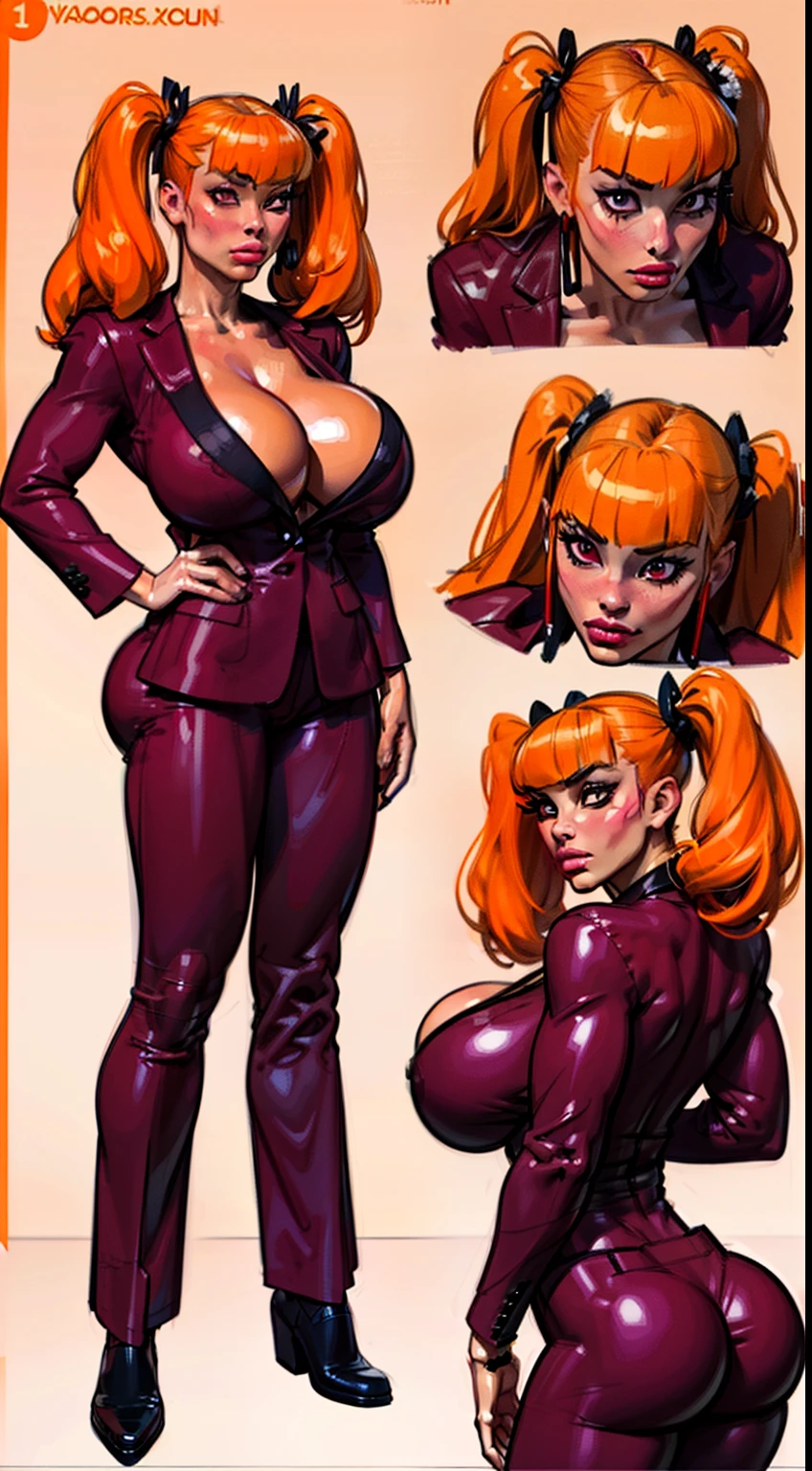 ((masterpiece)),(((best quality))), ((character design sheet:1.4)), ((full body view)) illustration,1girl, muscular, ((burgundy business suit:1.4)), blossom, ((hair bangs)), ((orange hair:1.4)), burgundy suit ((detailed face:1.4)) ((gigantic breasts:1.3)), (latex pants), ((cleavage)), beautiful woman, ((long twintails)), shiny skin, (thick legs), scribbles and marks, , rough sketches, pose, 8k,16k, (simple background, white background: 1.3)
