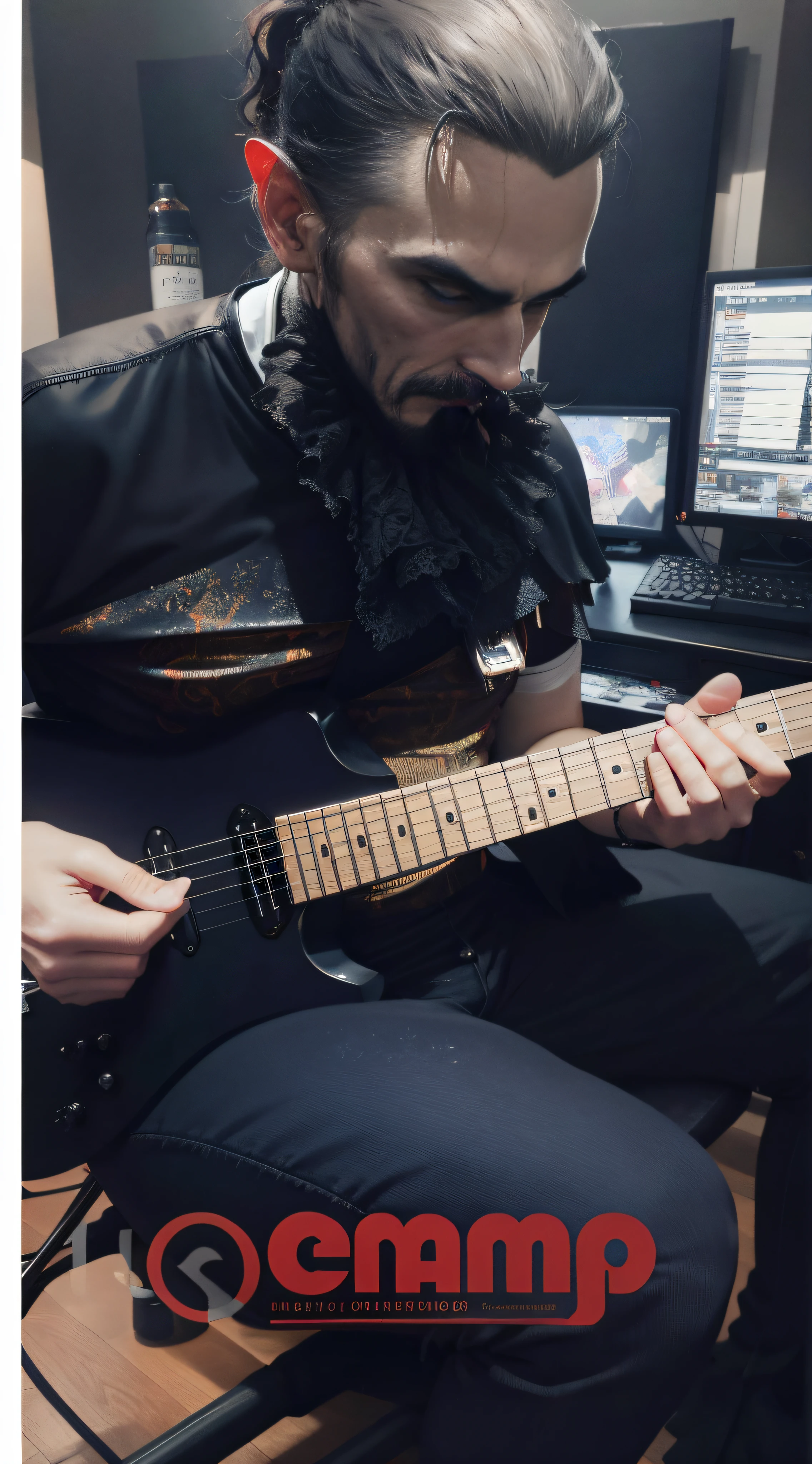 Dracula with cape, dentes sangrentos, tocando guitarra, estilo realista, manter fundo, acrescentar sombras, clima de terro e halloween