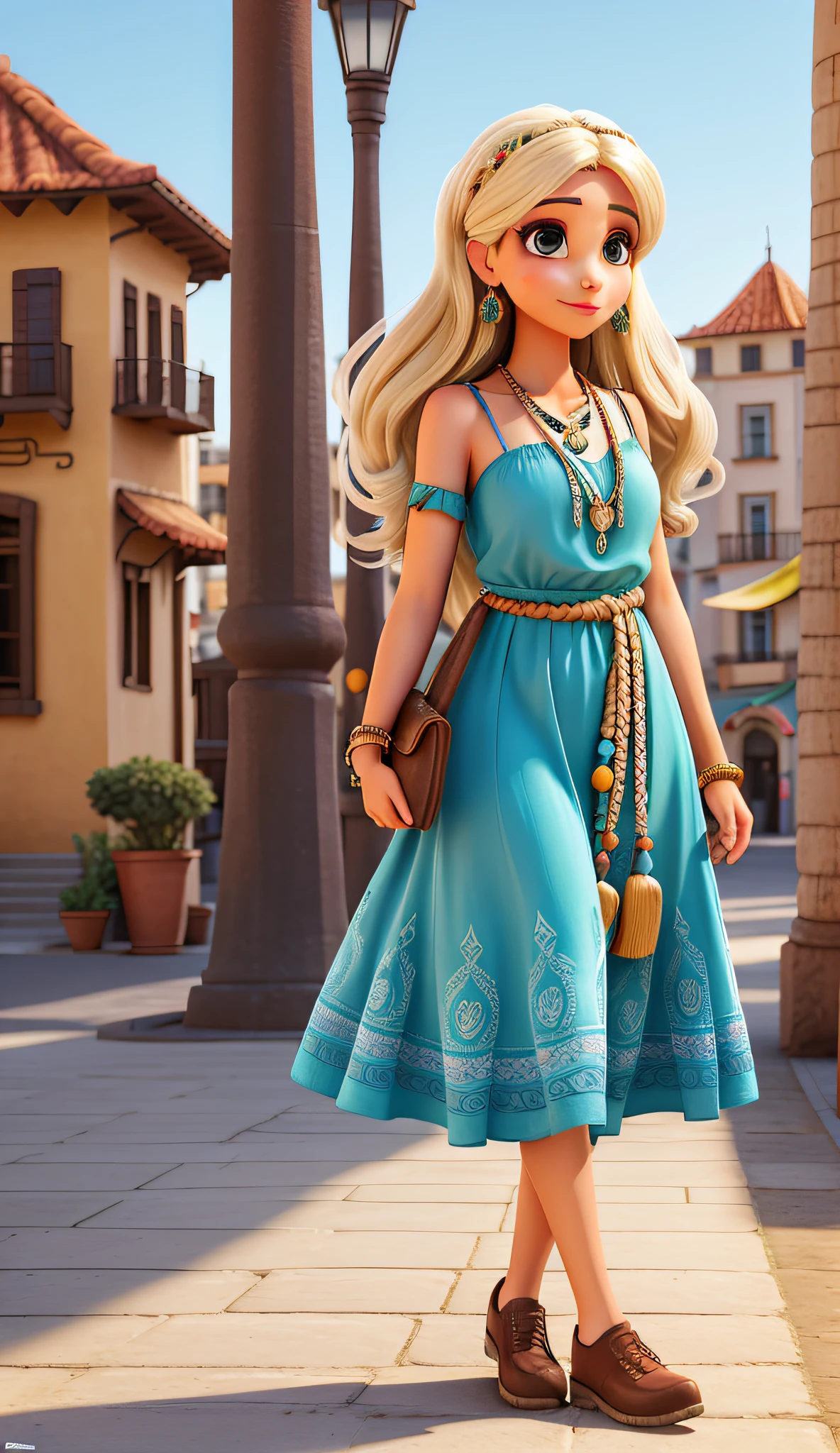 Fotografia profissional mestre, Beautiful woman in bohemian dress and accessories,cabelos longos e pretos, olhos pretos tambem, olhando para frente, texturas e detalhes extremos, foto de retrato de corpo inteiro, com espadrille shoes, bohemian city landmarks background,