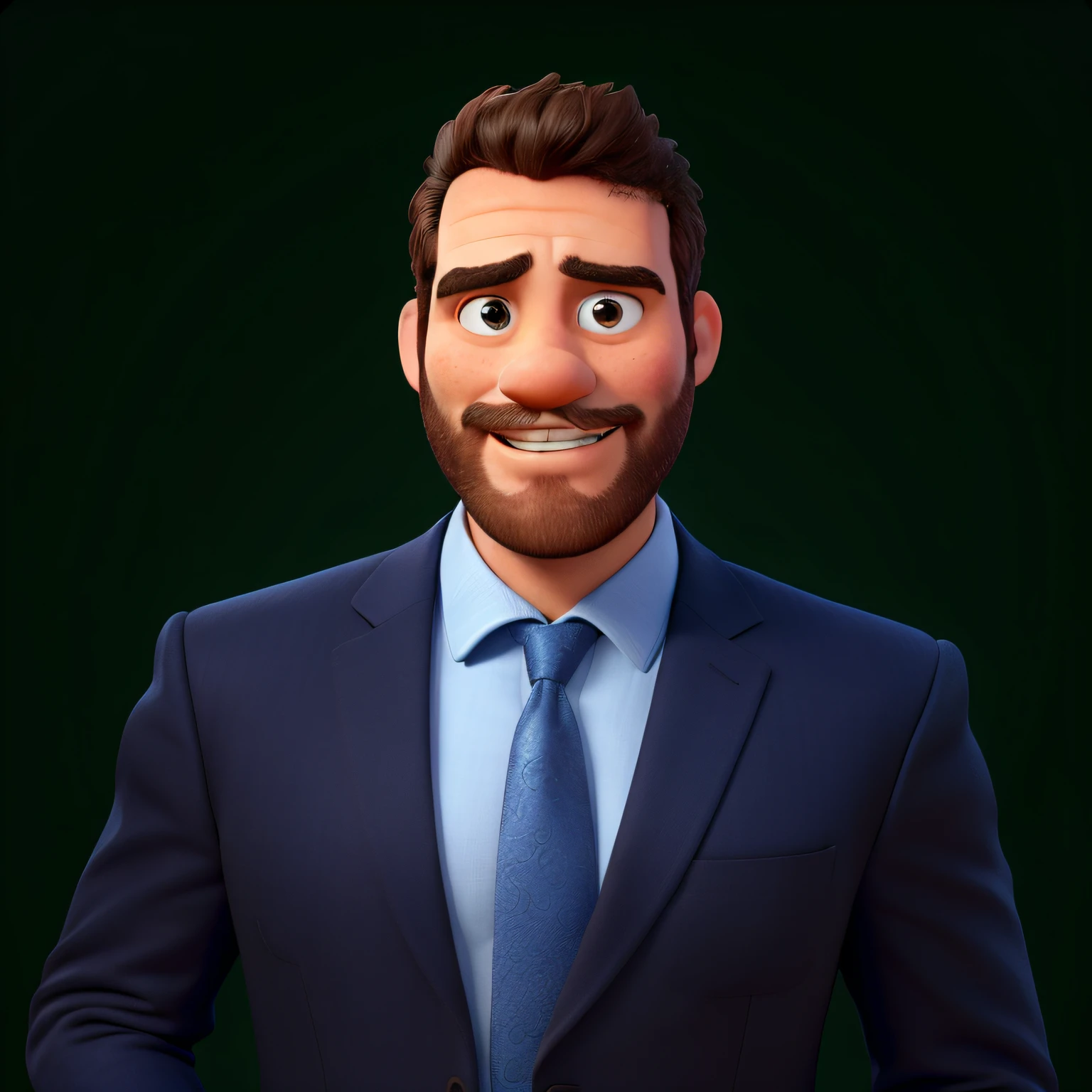 Homem gordo pardo com barba e vestido com terno preto, camisa azul e gravata cinza no estilo disney pixar, alta qualidade, muita qualidade