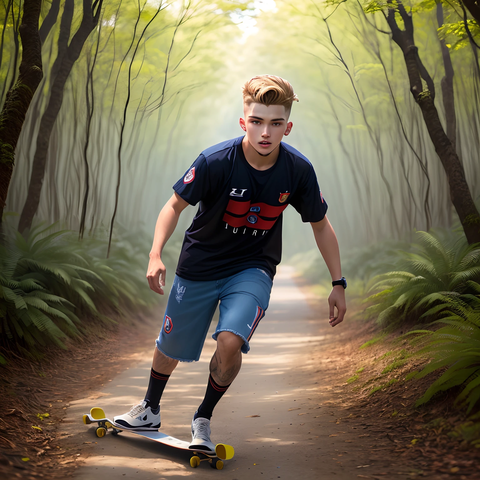 Um de pele moreno claro com cabelo bem grande cacheado em um bosque com seu skate na mao