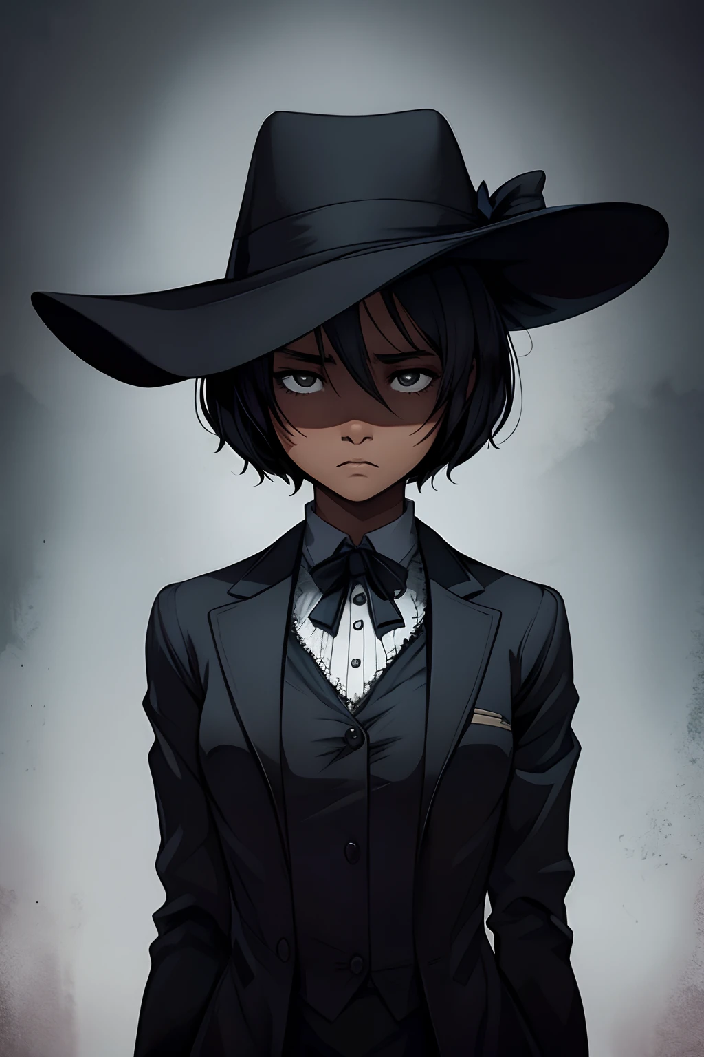 (black) girl, blank eyes, Dominant demeanor, wearing detective clothes, ite, small chest, high quality, Highly detailed, horror atmosphere, eerie