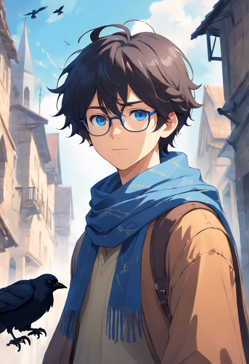 a medieval boy with wavy black hair, blue eyes, wearing glasses and a blue scarf, with a crow on his shoulder