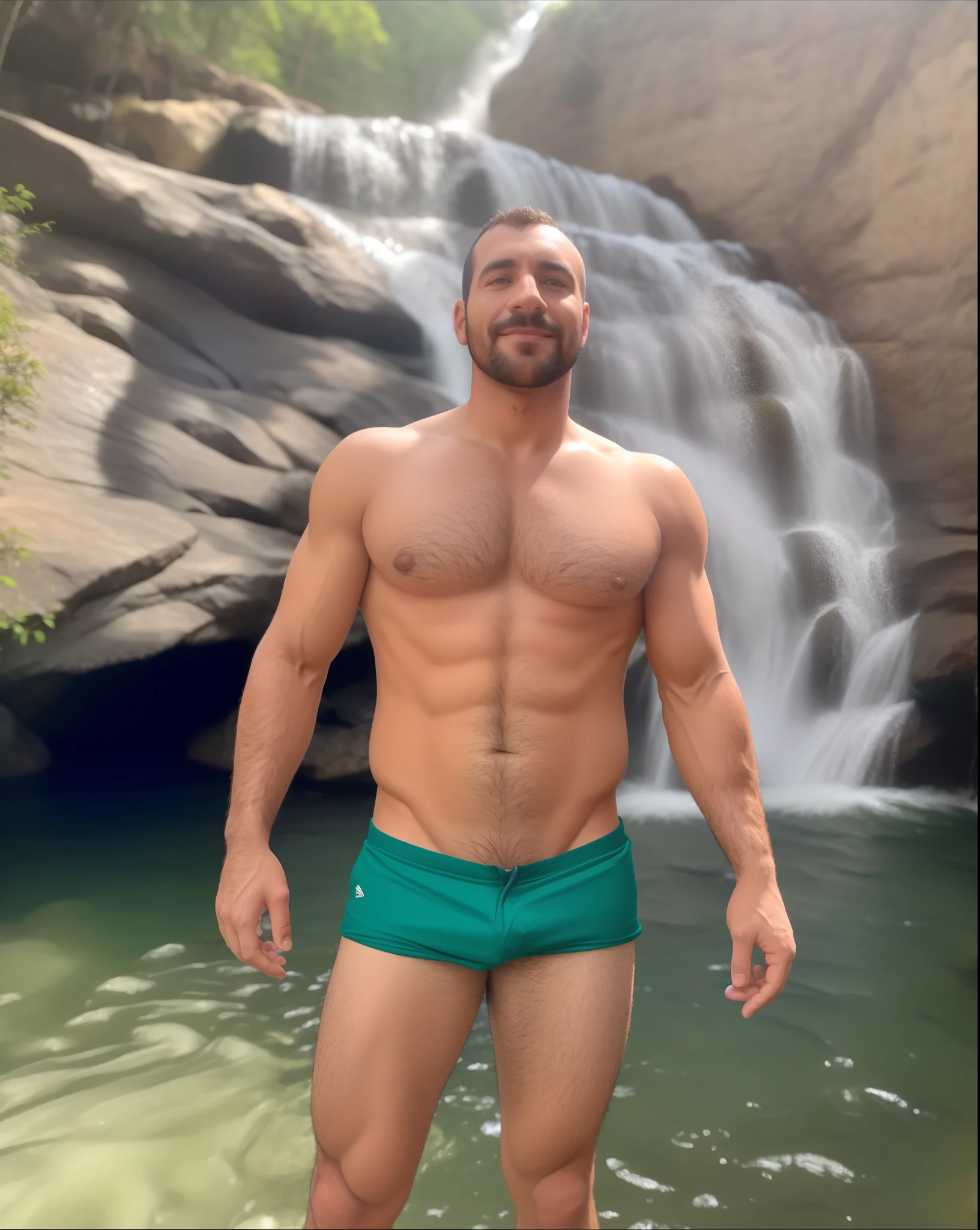 Arafed man on green logs standing in front of a waterfall, green swimsuit, corpos peludos molhados, imagem de perfil, banho em cachoeira, Homens de 45 anos, foto do perfil, Postagem no Reddit, foto de perfil, Corpo verde, foto de perfil, ao lado de uma cachoeira, Obra-prima maravilhosa, 3 6 anos, ao ar livre, peito peludo e corpo peludo, Corpos peludos