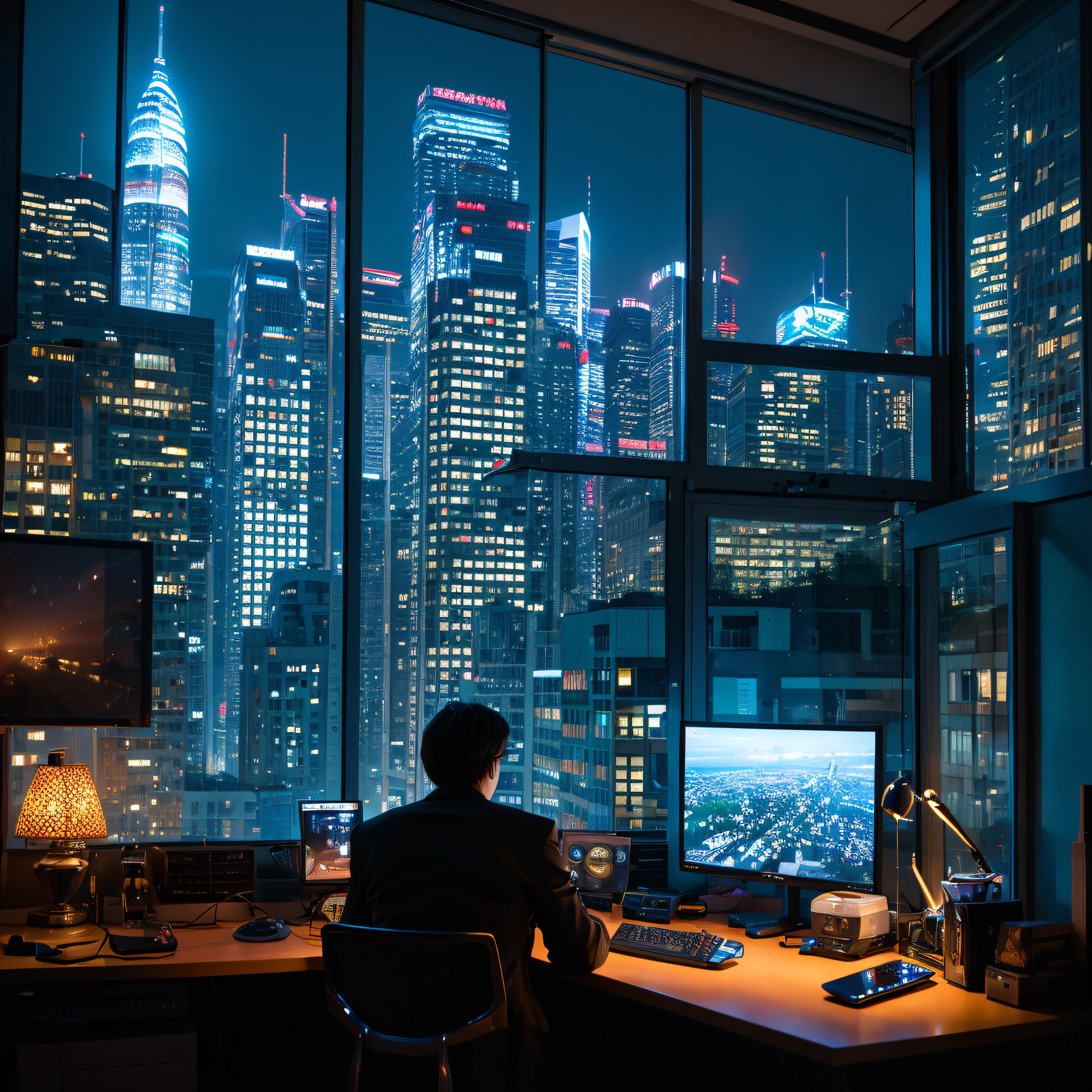 A man immersed in his room, surrounded by a technological world while using a modern computer. Through the window, robots with a futuristic design roam an urban landscape, performing different tasks. His expression reveals a mix of fascination and reflection in the face of technological advancement, highlighting the coexistence between human life and the growing presence of automation and artificial intelligence in the contemporary world.
