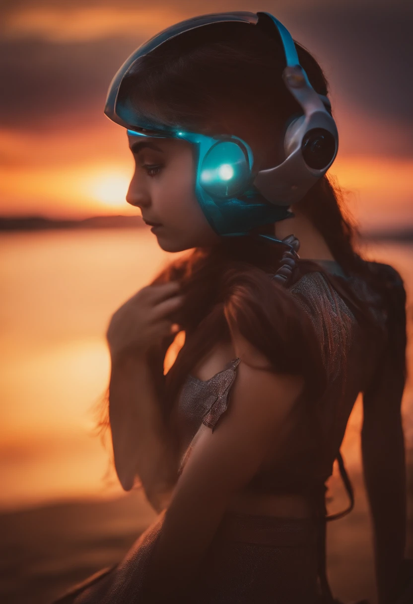 menina de 15 anos sentada vendo o por do sol bem bonito e do seu lado um android robo