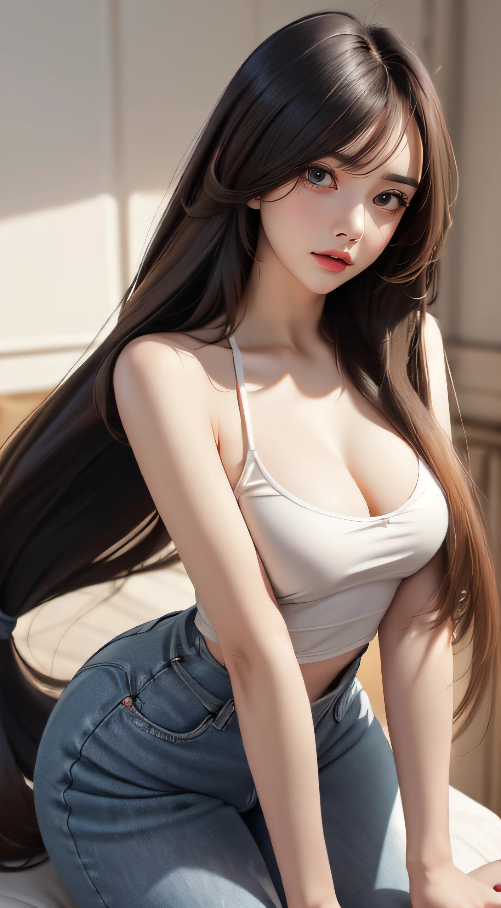 (Close-up),fantasy,(fighting image:1.2),((1girl:1.5),curvy,petite,beautiful breasts,large breasts,pale skin,(pointy breasts),(erect nipples)),((realistic),8k,ultra hd,high resolution,best quality,masterpiece,(Sense of presence:1.5),(Dynamic:1.5),(bold:1.5)),((long hair),((thin hair:1.8)),(straight hair:1.5),(Swept bangs:1.5),(extra light coppery amber hair),(hair over one eye)),(clothed:1.5)