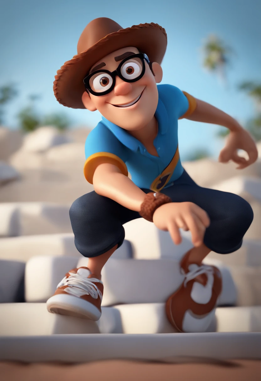 Cartoon character of a man wearing black glasses and a blue shirt, um personagem animado, Caractere estilizado, animation style rendering, 3D estilizado, Arnold Maya render, 3 d render stylized, toon render keyshot, Personagem 3D, Personagem 3D, 3d rendering stylized, 3 d character render, personagem de desenho animado, Personagem de close up, Pose de personagem, (Estilo Pixar) (master part:1.2) (Bokeh) (best quality) (pele detalhada) (textura detalhada) (8k) (argila) (Cinematic lighting) (foco nítido，Senta e vaza a parte superior do corpo