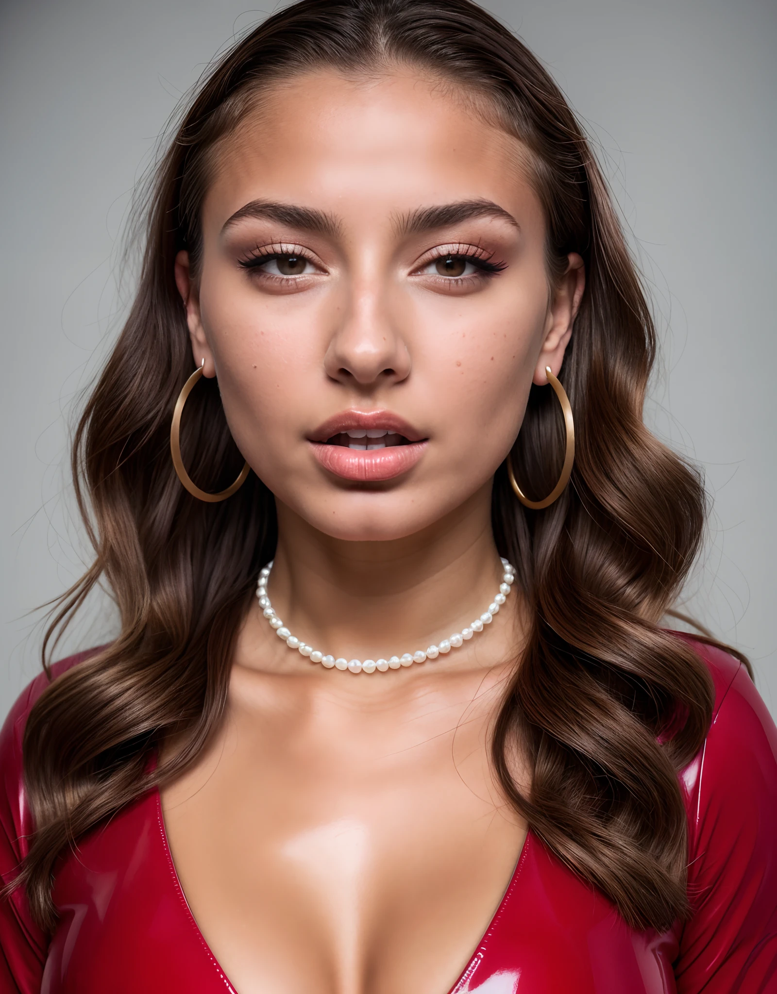 model Sofia Jamora, in red latex bralettte, dark blonde hair tied back, wearing pearl necklace, nose stud jewelry, wearing hoop earrings, ultra sharp focus, sexual expression on face, open mouth (high detailed skin:1.2), 8k uhd, dslr, high quality, film grain, Fujifilm XT38k, {{1girl}}