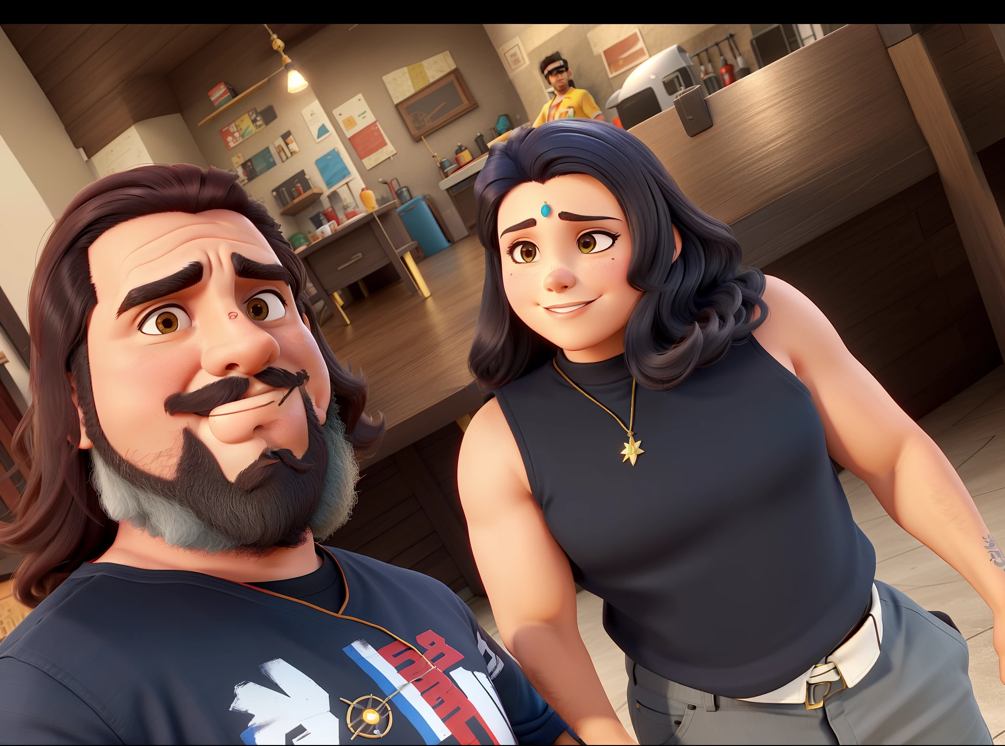 um bonito casal latino americano apaixnonado por heavy metal, a mulher tem cabelos marrons e o homem tem barba e usa camisa do iron vermelha