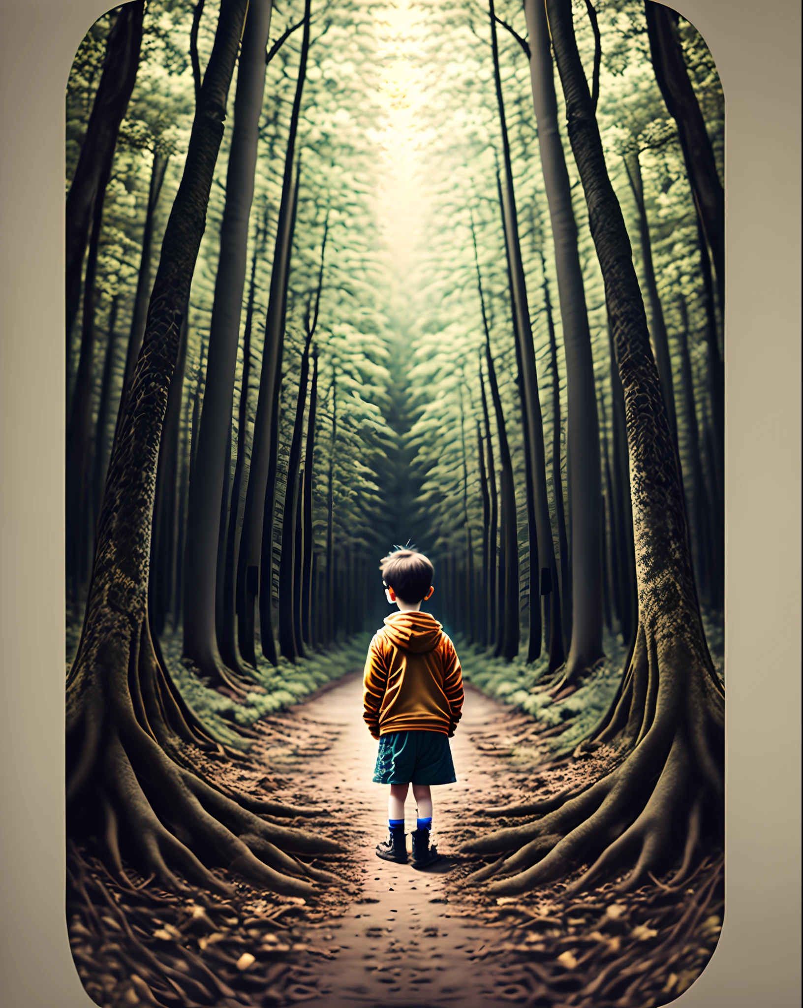 Create a photo of a child in a shady woods