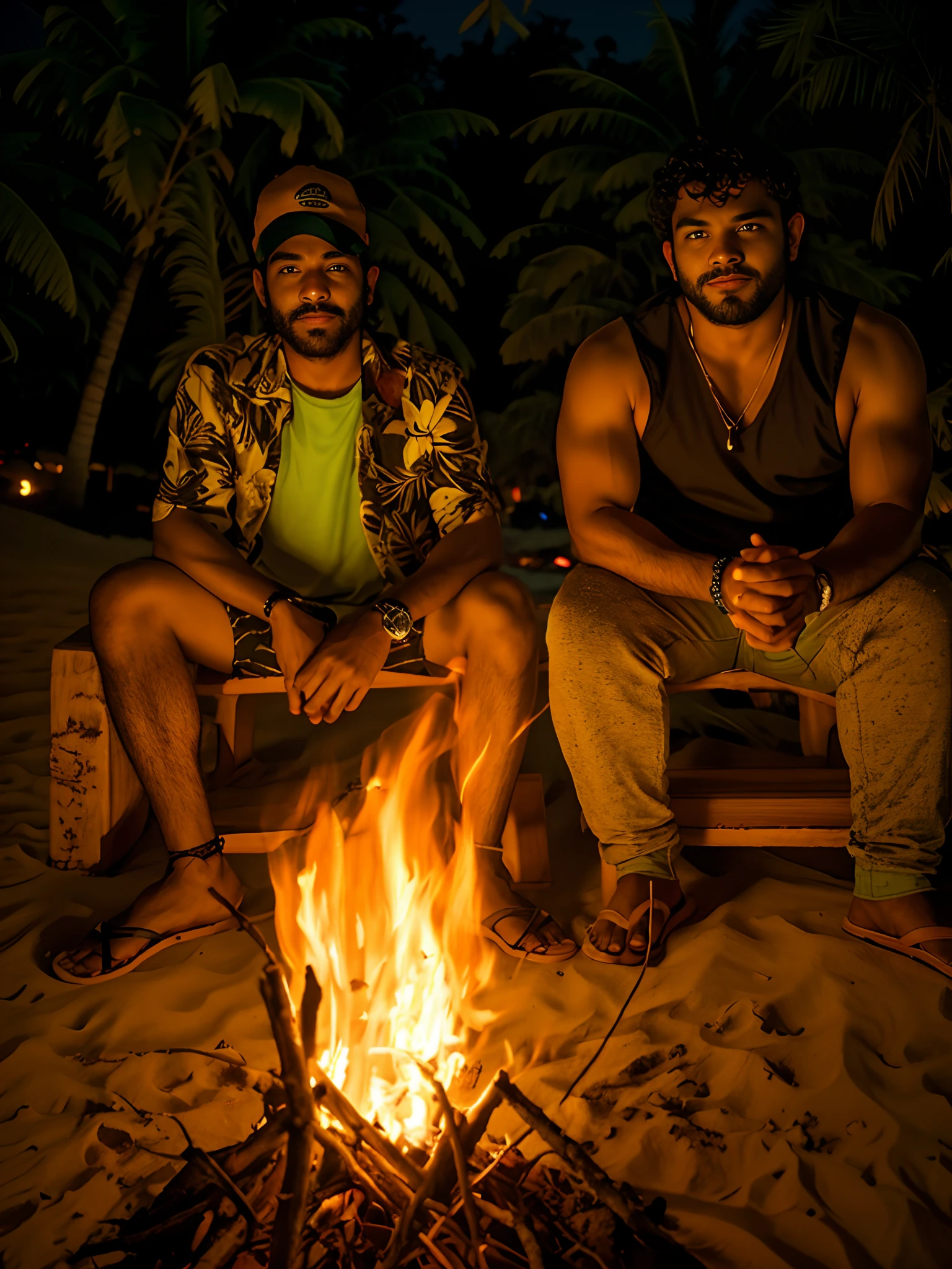 (Estilo Pixar) Two men sitting around a campfire at night, aceso de fogo, com fogo, on a bonfire at night, arrepiante, talking around a fire, night time, Directed by: Alexandre Fedosav, editing, fire in the background, sitting on the beach at night, fogueira, album photo, facebook post, fogo reak vida real, fogueira, na noite da selva !!!