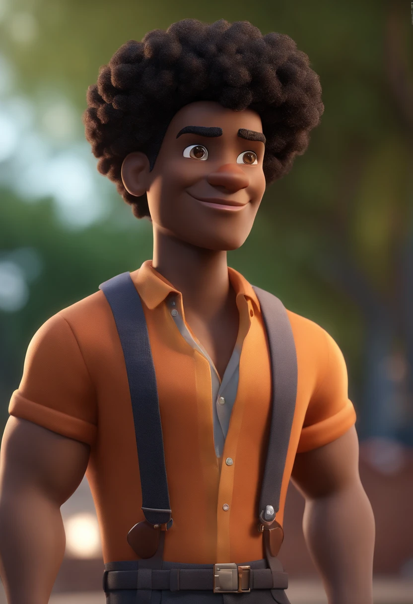 Cartoon character of a black man with curly black hair with the sides of his head shaved with a stylish outfit, animation character, Caractere estilizado, animation style rendering, 3D estilizado, Arnold Maya render, 3 d render stylized, toon render keyshot, Personagem 3D, Personagem 3D, 3d rendering stylized, 3 d character render, personagem de desenho animado, Personagem de close up, Pose de personagem,  (Estilo Pixar) (master part:1.2) (Bokeh) (best quality) (pele detalhada) (textura detalhada) (8k) (argila) (Cinematic lighting) (foco nítido