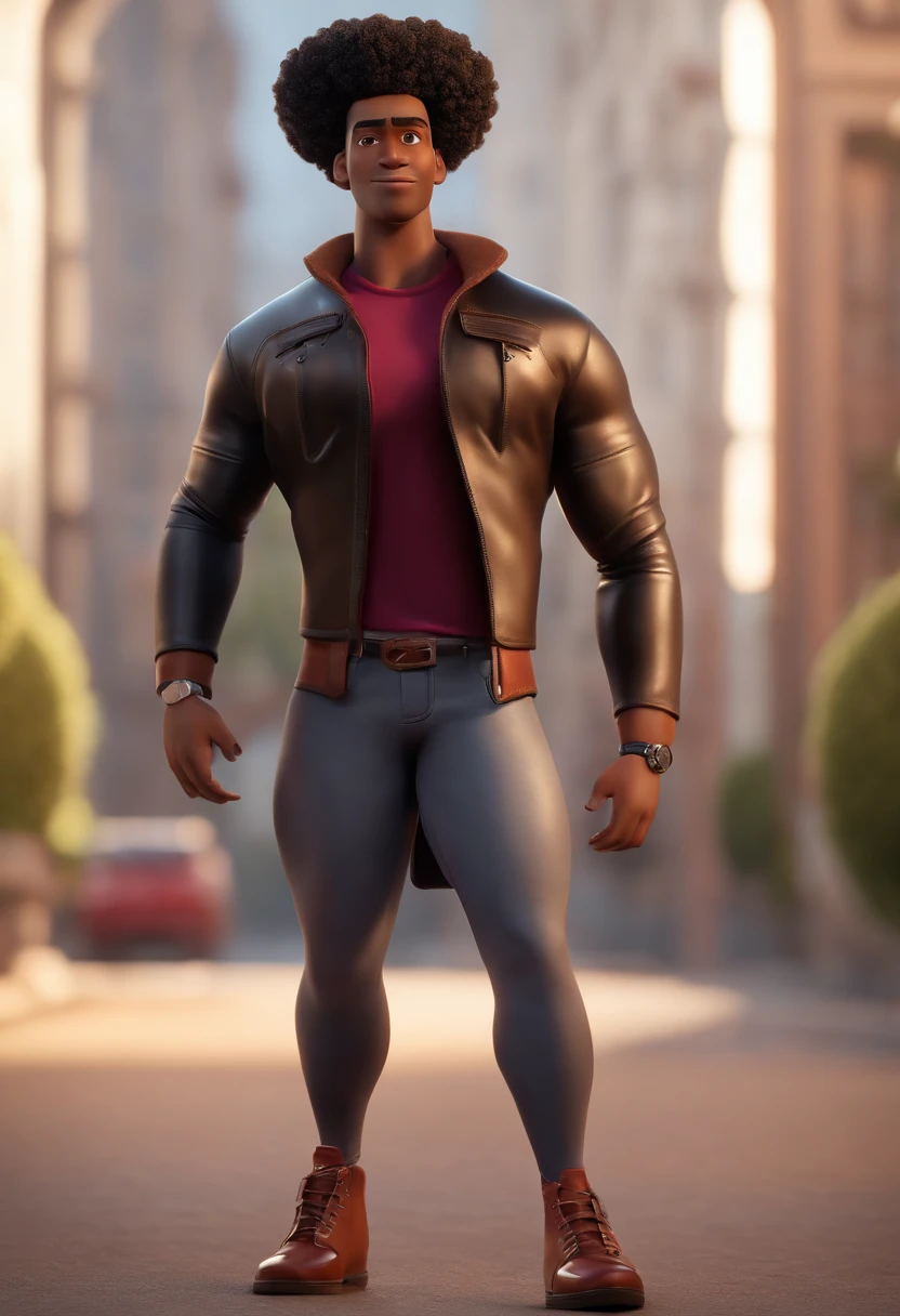 Cartoon character of a black man with curly black hair with the sides of his head shaved with a stylish outfit, animation character, Caractere estilizado, animation style rendering, 3D estilizado, Arnold Maya render, 3 d render stylized, toon render keyshot, Personagem 3D, Personagem 3D, 3d rendering stylized, 3 d character render, personagem de desenho animado, Personagem de close up, Pose de personagem,  (Estilo Pixar) (master part:1.2) (Bokeh) (best quality) (pele detalhada) (textura detalhada) (8k) (argila) (Cinematic lighting) (foco nítido