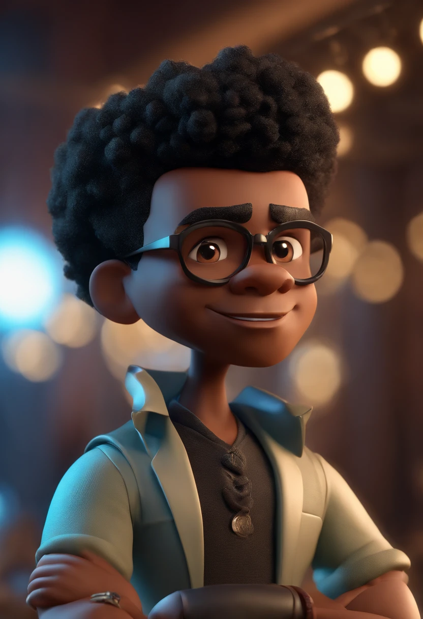 Cartoon character of a black man with curly black hair with the sides of his head shaved with a stylish outfit, animation character, Caractere estilizado, animation style rendering, 3D estilizado, Arnold Maya render, 3 d render stylized, toon render keyshot, Personagem 3D, Personagem 3D, 3d rendering stylized, 3 d character render, personagem de desenho animado, Personagem de close up, Pose de personagem, (Estilo Pixar) (master part:1.2) (Bokeh) (best quality) (pele detalhada) (textura detalhada) (8k) (argila) (Cinematic lighting) (foco nítido