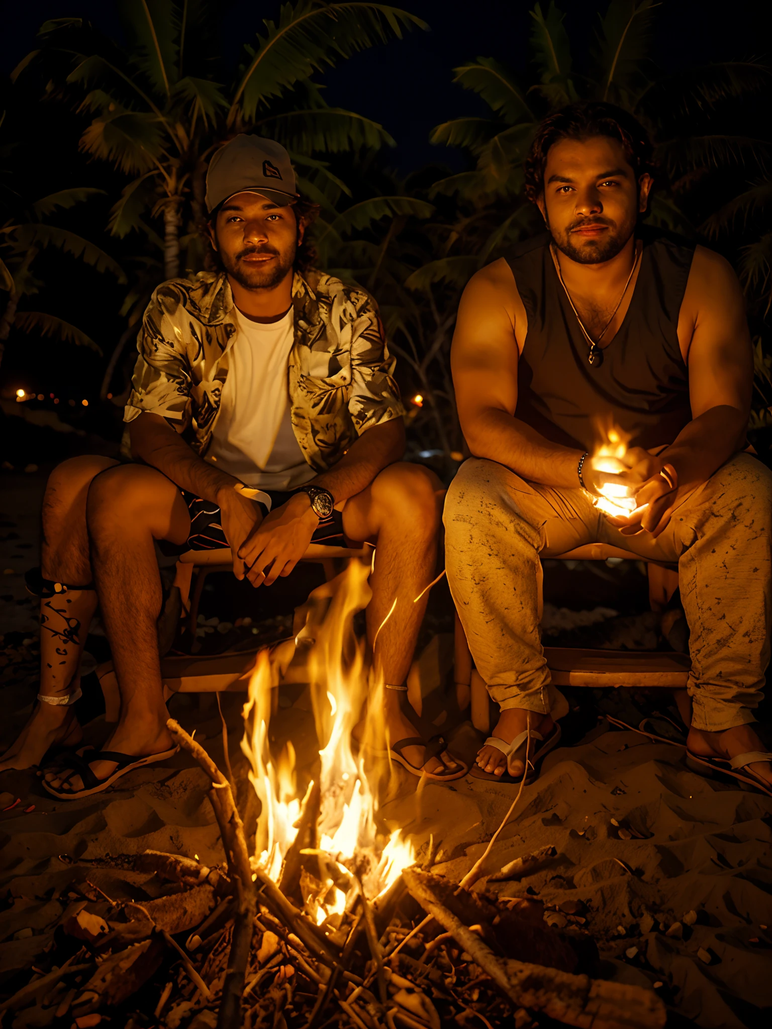 (Estilo pixar) Two men sitting around a campfire at night, aceso de fogo, com fogo, on a bonfire at night, arrepiante, talking around a fire, night time, Directed by: Alexander Fedosav, editing, fire in the background, sitting on the beach at night, fogueira, album photo, facebook post, fogo reak vida real, Fogueira, na noite da selva !!!