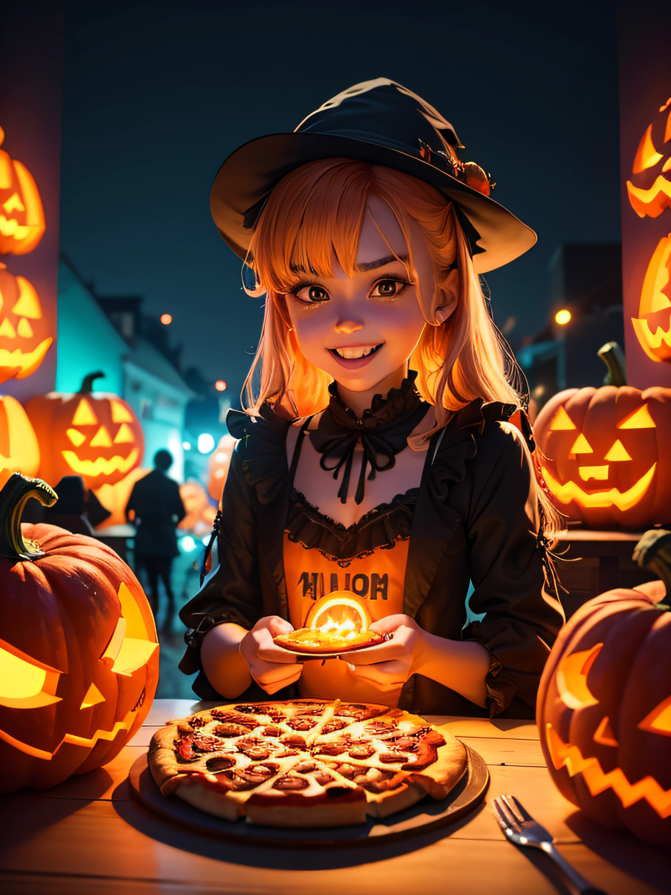 Halloween night , halloween pumpkins, boy and girl children comendo pizzas, Jogando Arcade Video Games, sorrindo e falando, lugar divertido, imagem colorida, 8k, highes definition, high resolutions, circunstanciado, 50mm lens, bokeh ligths