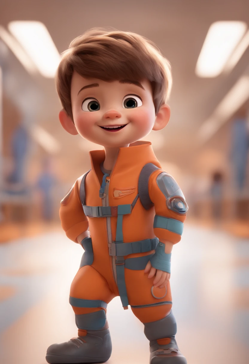 a happy cute  standing short hair, vestindo uma fantasia espacial, , fundo branco, barnet, Tom, Estilo Pixar, ....3d, desenhos animados, rosto detalhado, asymmetrical 16k