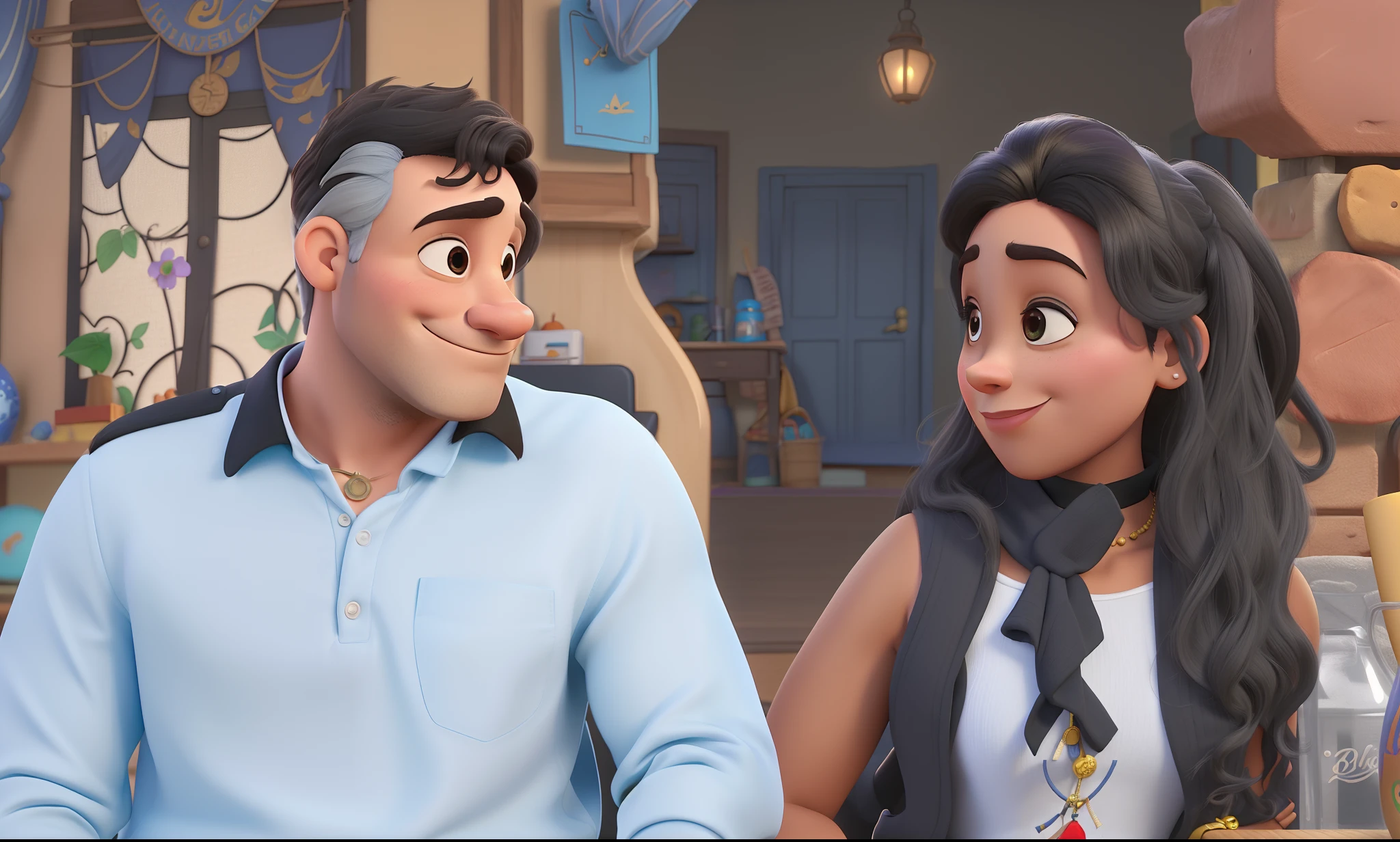 um casal disney pixar, homem pardo, e mulher negra, alta qualidade, melhor qualidade