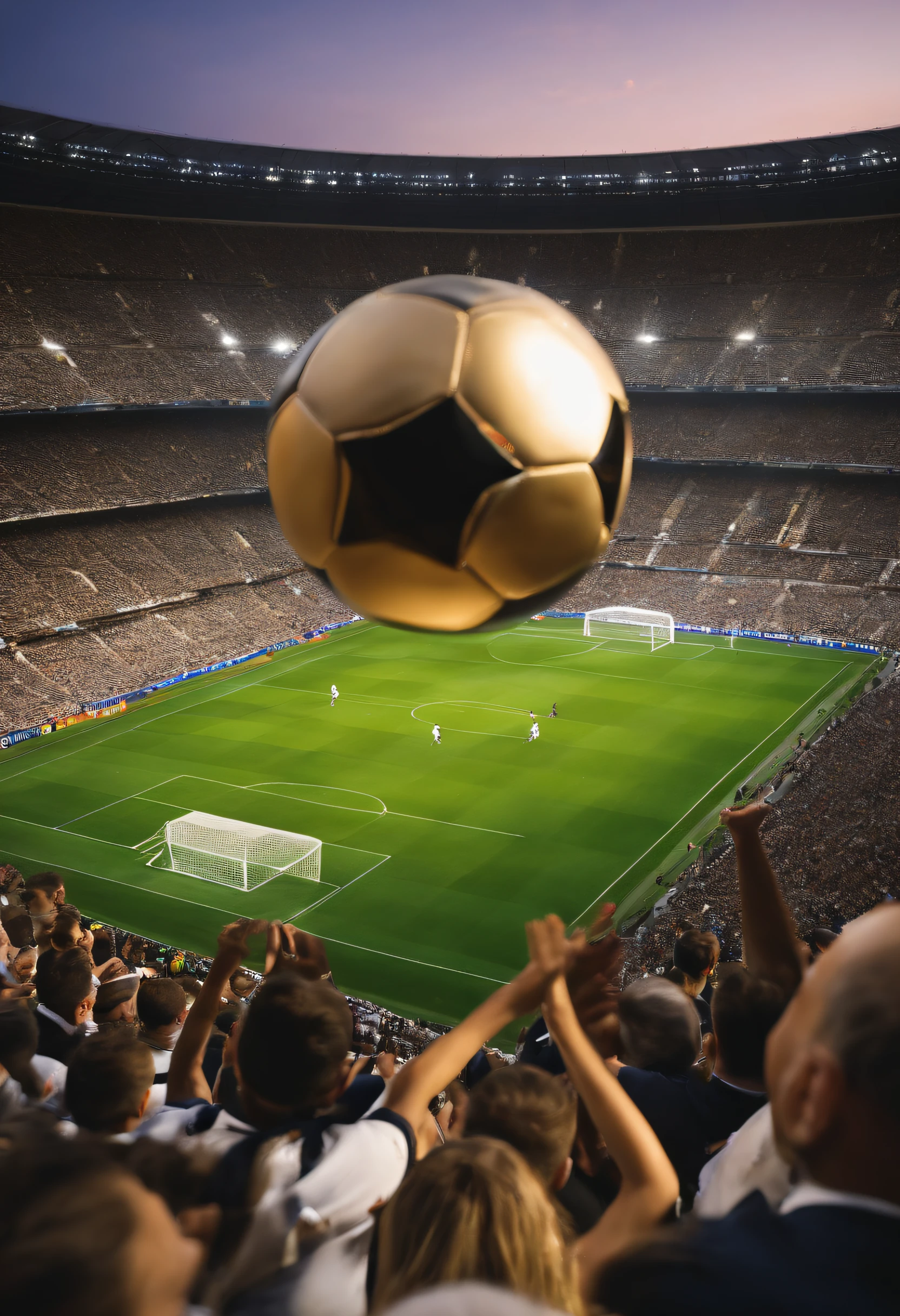 a football match at the Real Madrid stadium, um de 7 anos magrelo, com cabelos loiro, Putting on a golden boot, Scores a goal that brings the crowd in the stadium to its feet