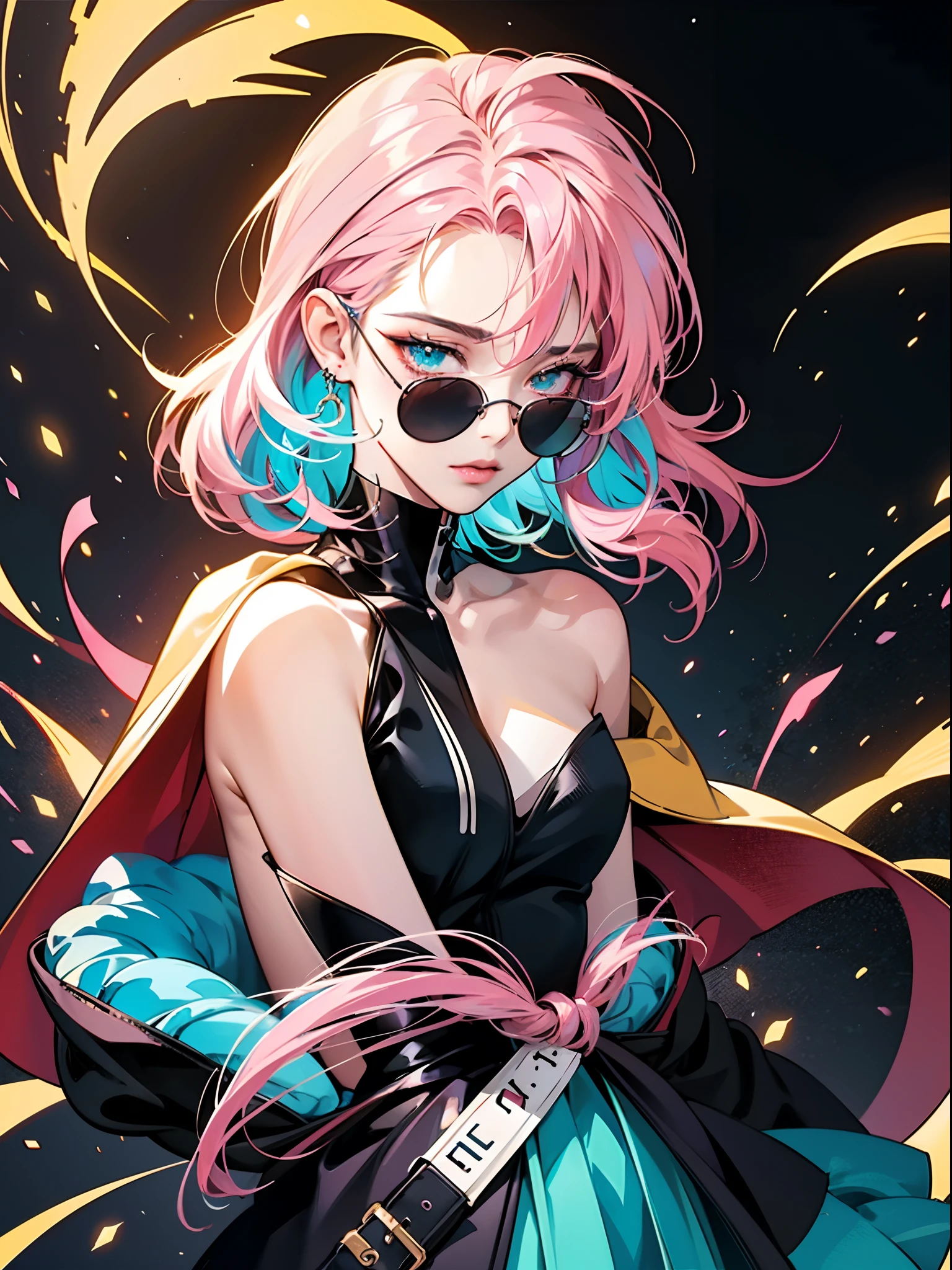 anime girl with glasses and a pink hair and a black background, anime vibes, 8 0 s anime vibe, anime girl with cosmic hair, anime style 4 k, digital anime illustration, beautiful anime art style, glowwave girl portrait, anime style portrait, anime art style, dreamy cyberpunk girl, anime style illustration, beautiful anime portrait, anime styled digital art, anime artstyle
