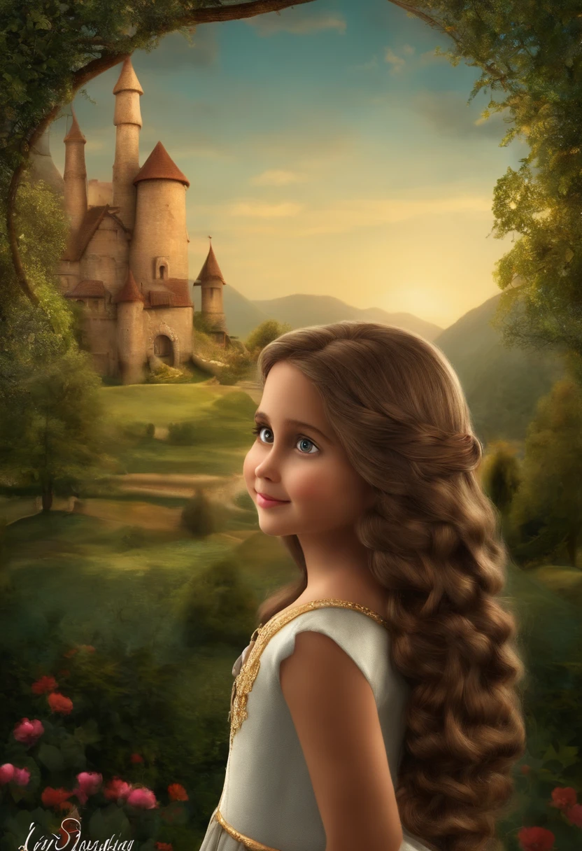 menina: Alicia, aproximadamente 7 anos de idade, cabelo longo estilo Disney, olhos castanhos e sorrisos. Menina: Julia Ana, 10 anos, longos cabelos cacheados e olhos castanhos. scenecy: Alicia and Ana Julia are in a cozy little house in the valley, ao fundo um dia ensolarado, Destacando o Sol.