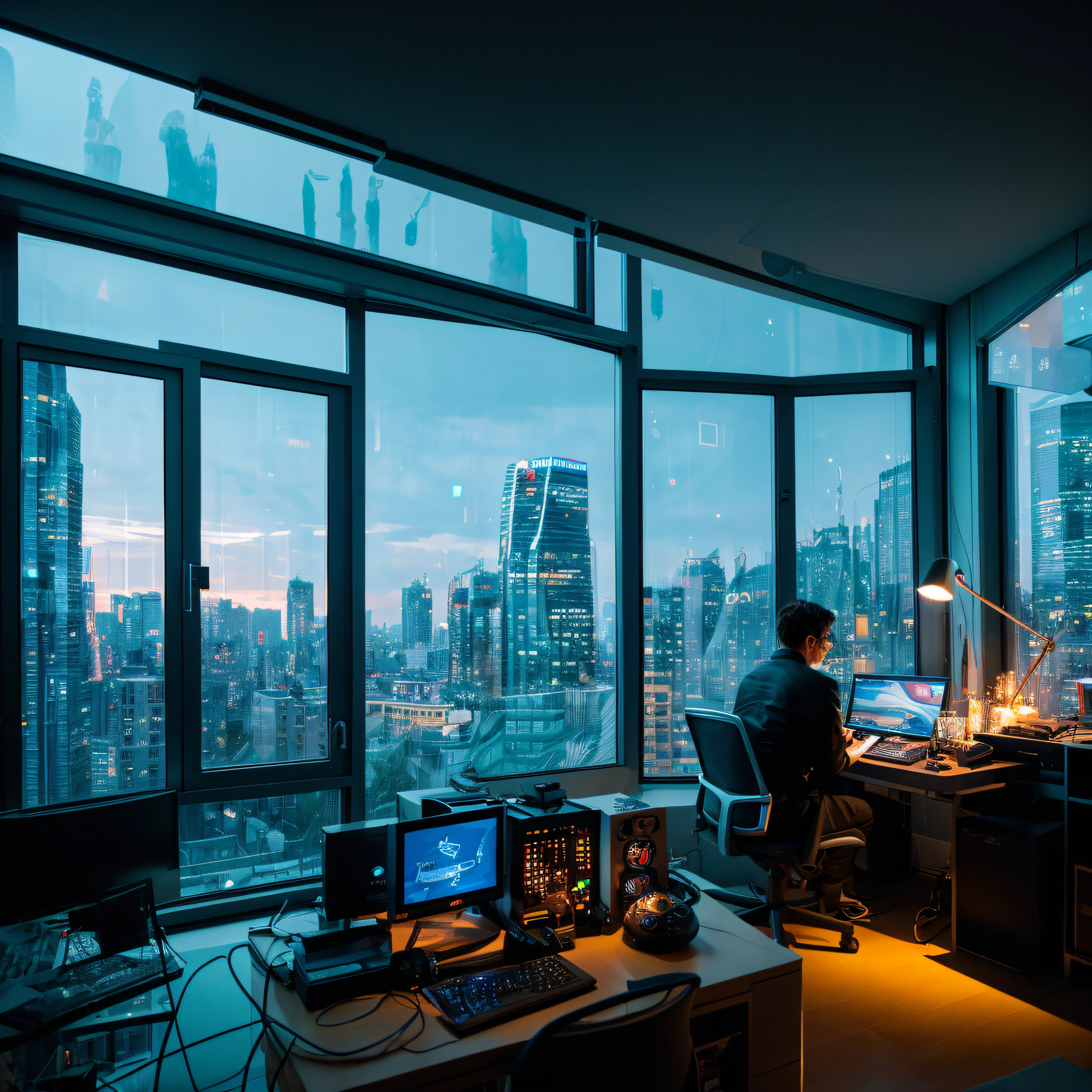 A man immersed in his room, surrounded by a technological world while using a modern computer. Through the window, robots with a futuristic design roam an urban landscape, performing different tasks. His expression reveals a mix of fascination and reflection in the face of technological advancement, highlighting the coexistence between human life and the growing presence of automation and artificial intelligence in the contemporary world.
