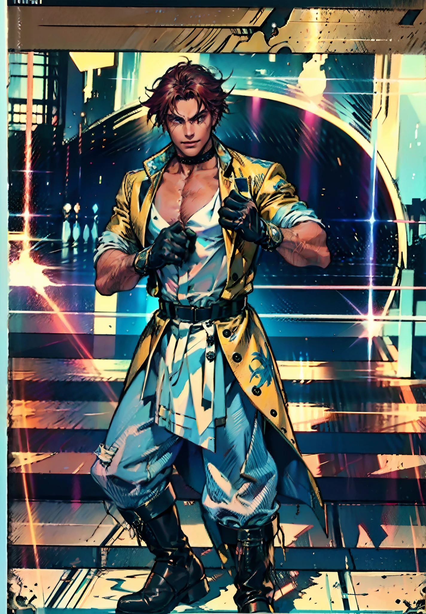 A young man, auburn hair, a center-parted back hairstyle, dark skin, narrow eyes, a cunning smile, a two-piece fantasy-reality style outfit, a white undershirt, a dark formal-style coat, wearing gloves, matching trousers with the outfit, has metallic-adorned knee-high boots, striking a boxing pose, against a background of horizon, this character embodies a finely crafted fantasy-reality style fighter in anime style, characterized by an exquisite and mature manga illustration art style, high definition, best quality, highres, ultra-detailed, ultra-fine painting, extremely delicate, professional, anatomically correct, symmetrical face, extremely detailed eyes and face, high quality eyes, creativity, RAW photo, UHD, 8k, Natural light, cinematic lighting, masterpiece-anatomy-perfect, masterpiece:1.5