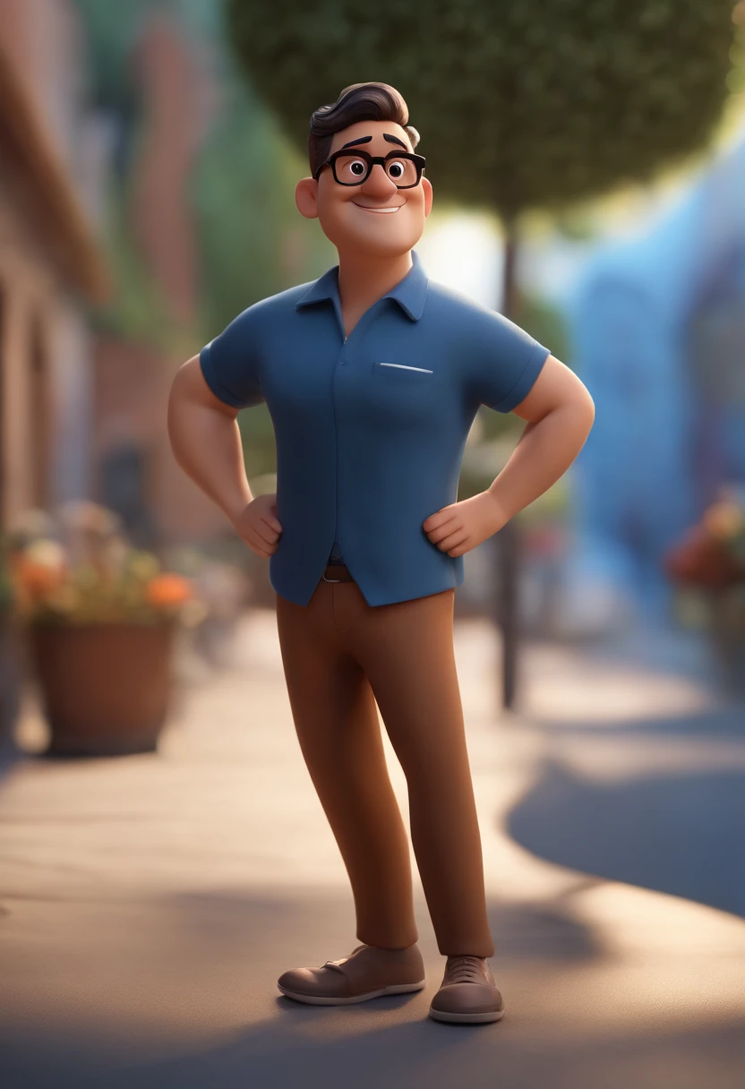 Cartoon character of a man wearing black glasses and a blue shirt, um personagem animado, Caractere estilizado, animation style rendering, 3D estilizado, Arnold Maya render, 3 d render stylized, toon render keyshot, Personagem 3D, Personagem 3D, 3d rendering stylized, 3 d character render, personagem de desenho animado, Personagem de close up, Pose de personagem, (Estilo Pixar) (master part:1.2) (Bokeh) (best quality) (pele detalhada) (textura detalhada) (8k) (argila) (Cinematic lighting) (foco nítido,Senta e vaza a parte superior do corpo