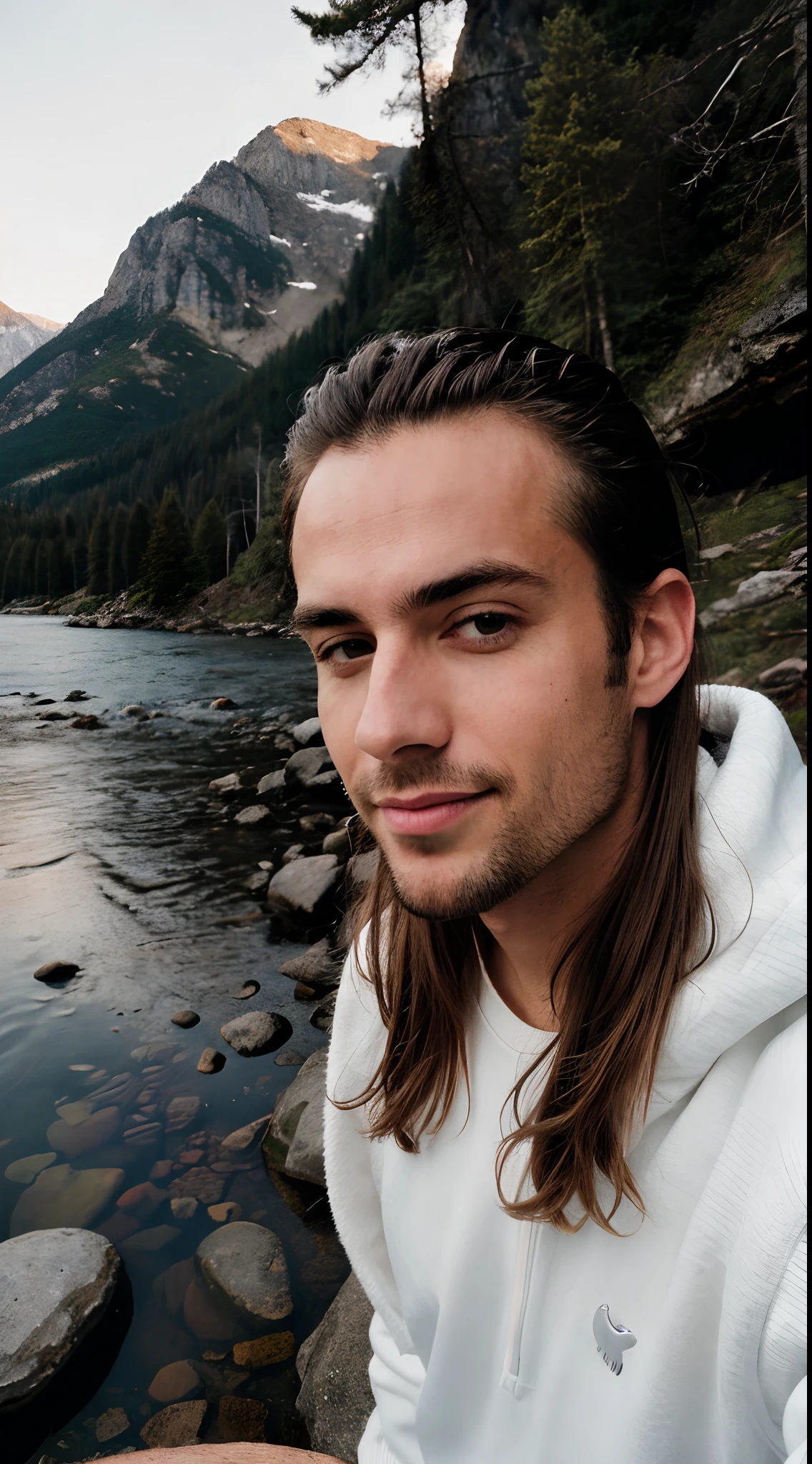 photorealistic, best quality, hyperdetailed, slim guy, selfie photo, upper body, long hair, solo, wearing white swweater, outdoors, mountains, real life nature, stars, moon, (cheerful, happy), flashlight, forest, rocks, river, wood, smoke, fog, clear sky, analog style, skin texture, film grain, close-up, ultra high resolution, best shadow, RAW, instagram LUT