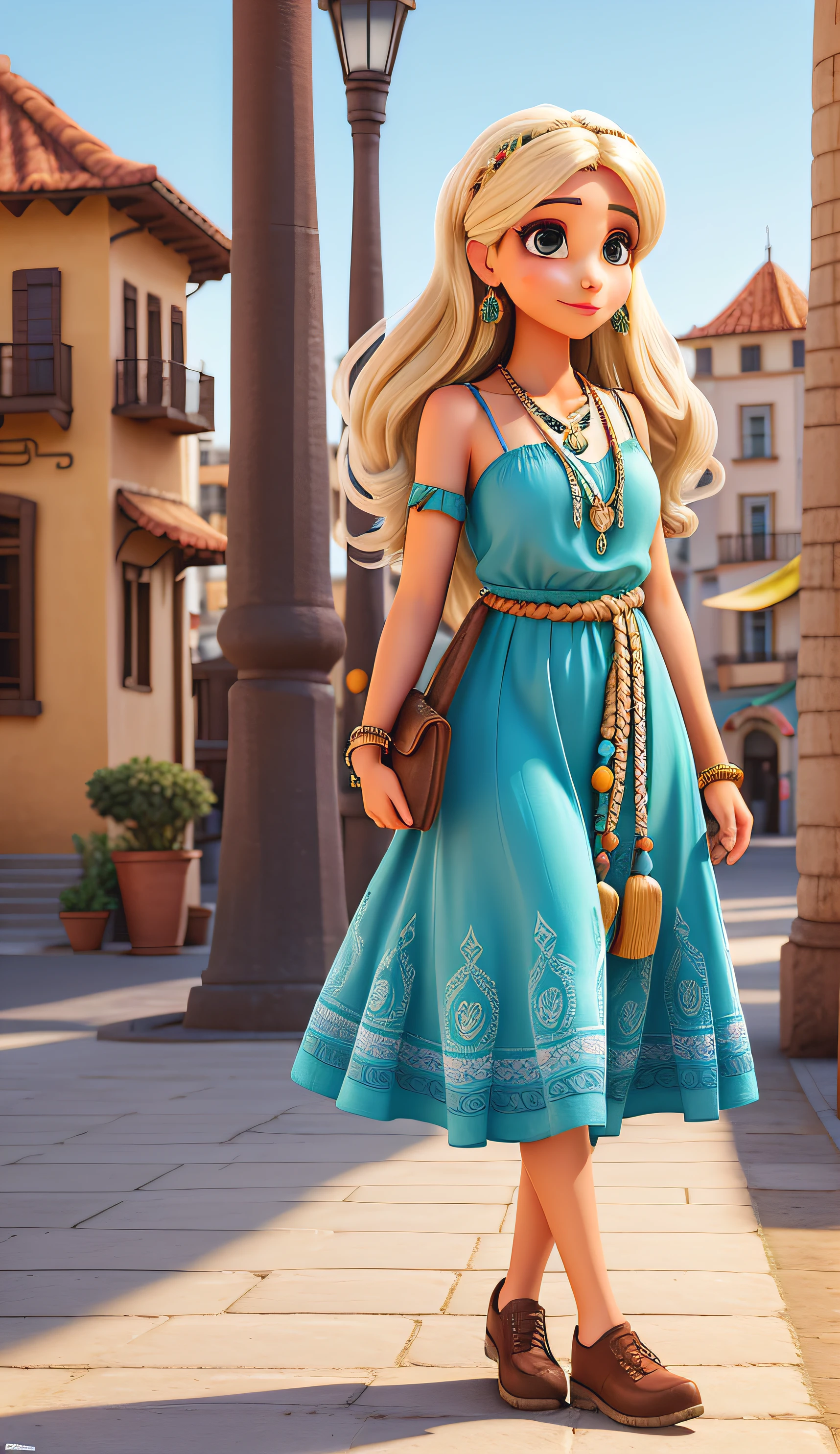 Fotografia profissional mestre, Beautiful woman in bohemian dress and accessories,cabelos longos e pretos, olhos pretos tambem, olhando para frente, texturas e detalhes extremos, foto de retrato de corpo inteiro, com espadrille shoes, bohemian city landmarks background,