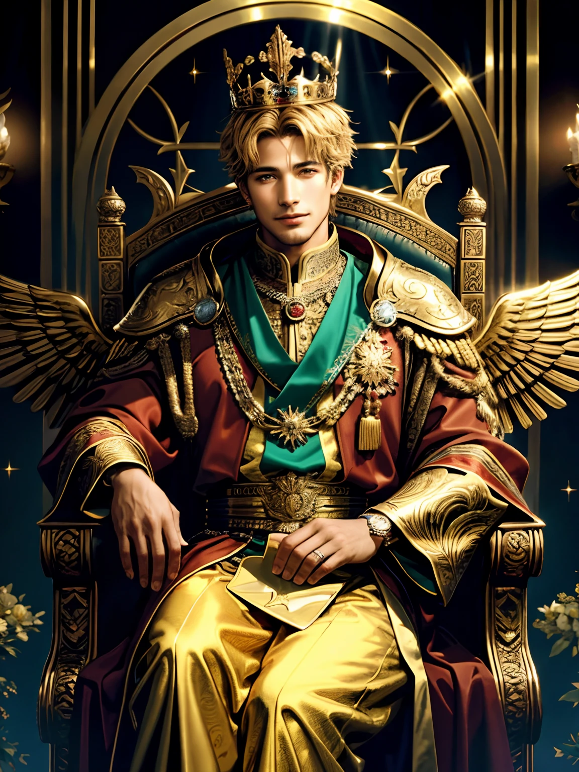 Make a fantasy book cover with a man with a polished smile and full of courtier charm, sentado confortavelmente em um trono majestoso, resting his chin on one hand wearing a golden crown that reflects the soft light of the hall with a golden emblem of the royal winged serpent on his clothing and a red robe gracefully covering the man and the throne on which he is seated, olhos azuis impressionantes contrastando com seus cabelos negros, extremamente belo, with an apparent age not exceeding 20 years, showing a lot of Lust