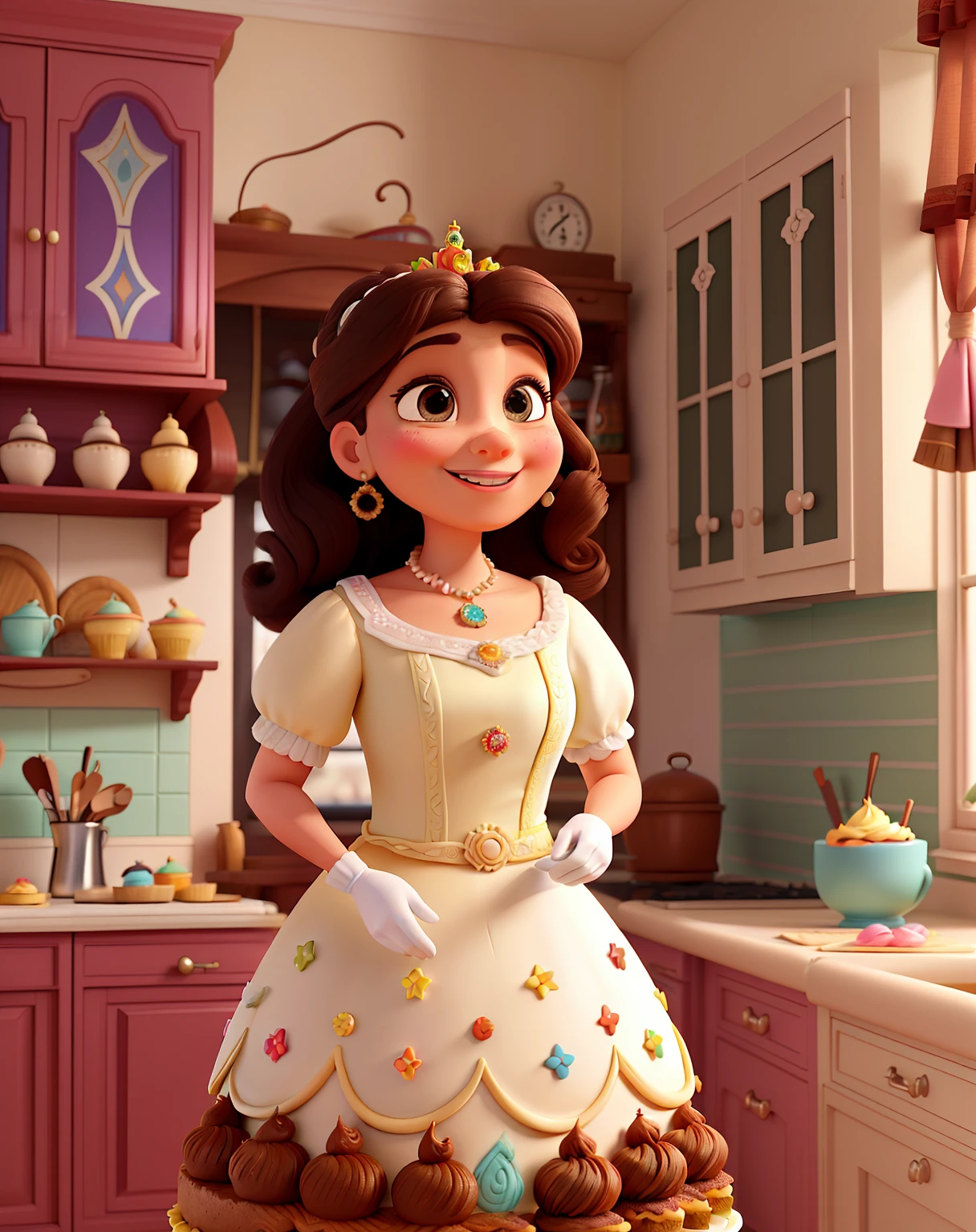 Poster 3D inspirado na Disney Pixar, com Uma mulher elegante,confeiteira 50 anos olhos castanhos e cabelos cacheados marrom e mexas claras, sorriso feliz, In pastry clothes she is decorating a cake in a kitchen full of cupcakes and paintings