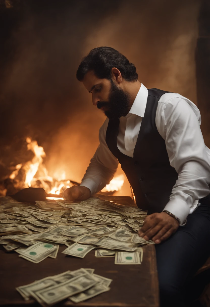 Homem da foto lutando por dinheiro, oil painting, Pinceladas duras, dramatic lighting, intense expression, Olhos determinados, segurar punhos, suor escorrendo pelo rosto, terno enrugado, Correntes quebradas, Crumbling dollar bills, Chart of the crumbling stock market, Smoke rises in the background, preto e branco com um toque de ouro, realismo. (best quality, alta resolução, ultra-detalhado), (Realistic:1.37), profissional, vivid colors.