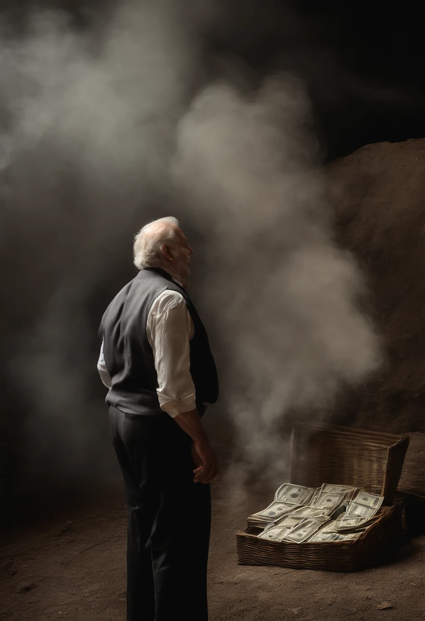 Homem da foto lutando por dinheiro, oil painting, Pinceladas duras, dramatic lighting, intense expression, Olhos determinados, segurar punhos, suor escorrendo pelo rosto, terno enrugado, Correntes quebradas, Crumbling dollar bills, Chart of the crumbling stock market, Smoke rises in the background, preto e branco com um toque de ouro, realismo. (best quality, alta resolução, ultra-detalhado), (Realistic:1.37), profissional, vivid colors.