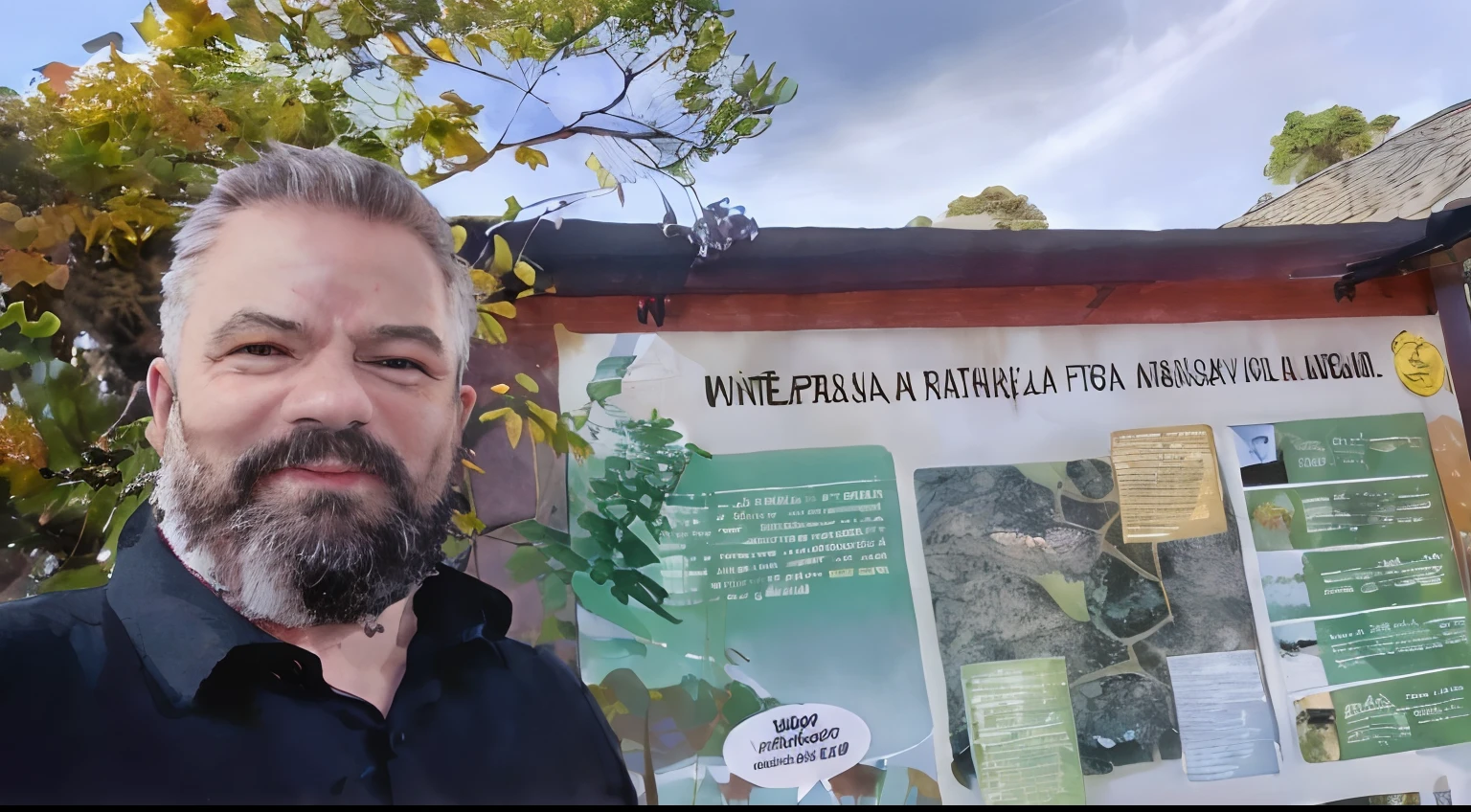 Man standing in front of a sign with information about plants, em frente a um fundo de floresta, Floresta antiga como floresta fanal, Directed by: Nandor Soldier, in front of an amazing forest, david rios ferreira, gui guimaraes, icaro carvalho, com um parque ao fundo, muito perto da natureza real
