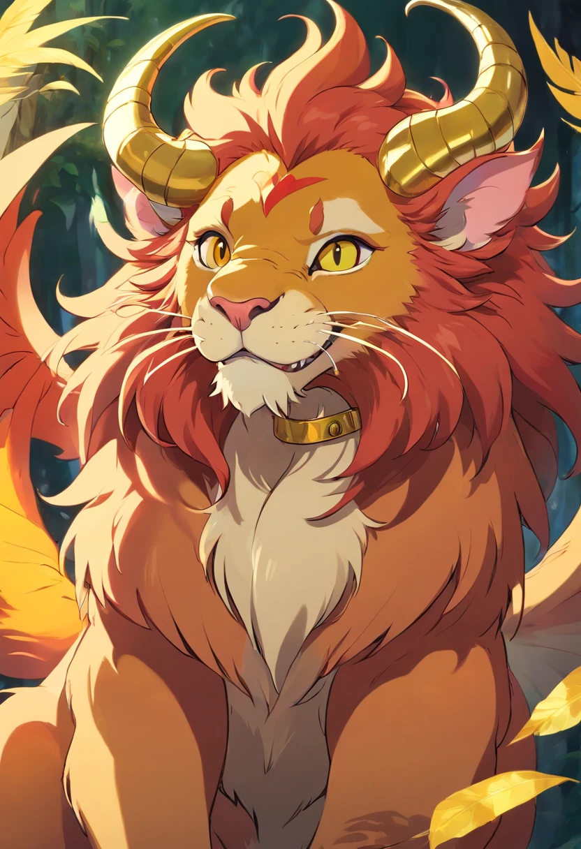 A manticore with ginger fur, a single horn on its forehead wearing gold bracelets