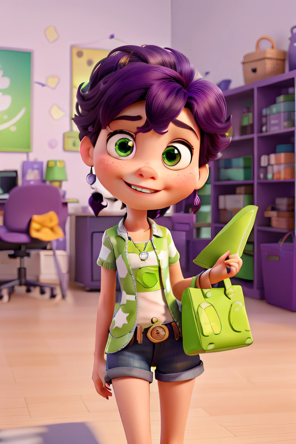 Photo of a branding and marketing agency, boutique style, small and elegant, in purple, green and white colors. That it is aesthetically beautiful and attractive. And in Pixar's Toy Story drawing style