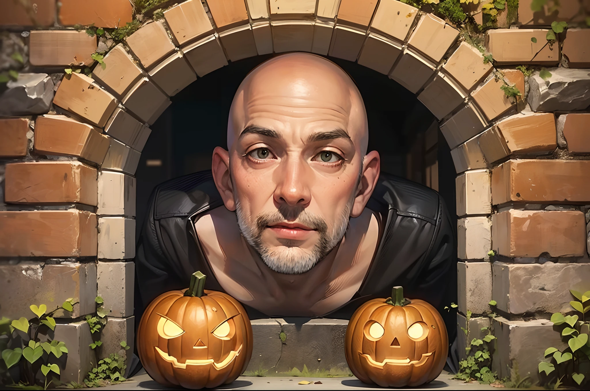 photo of a few pumpkins arranged on a stone wall for Halloween, lit by candles, with a man's bald head peeking through the middle of the wall on the other side, (a bald European with a clean shave at 40 years old) - a hilarious image --auto --s2