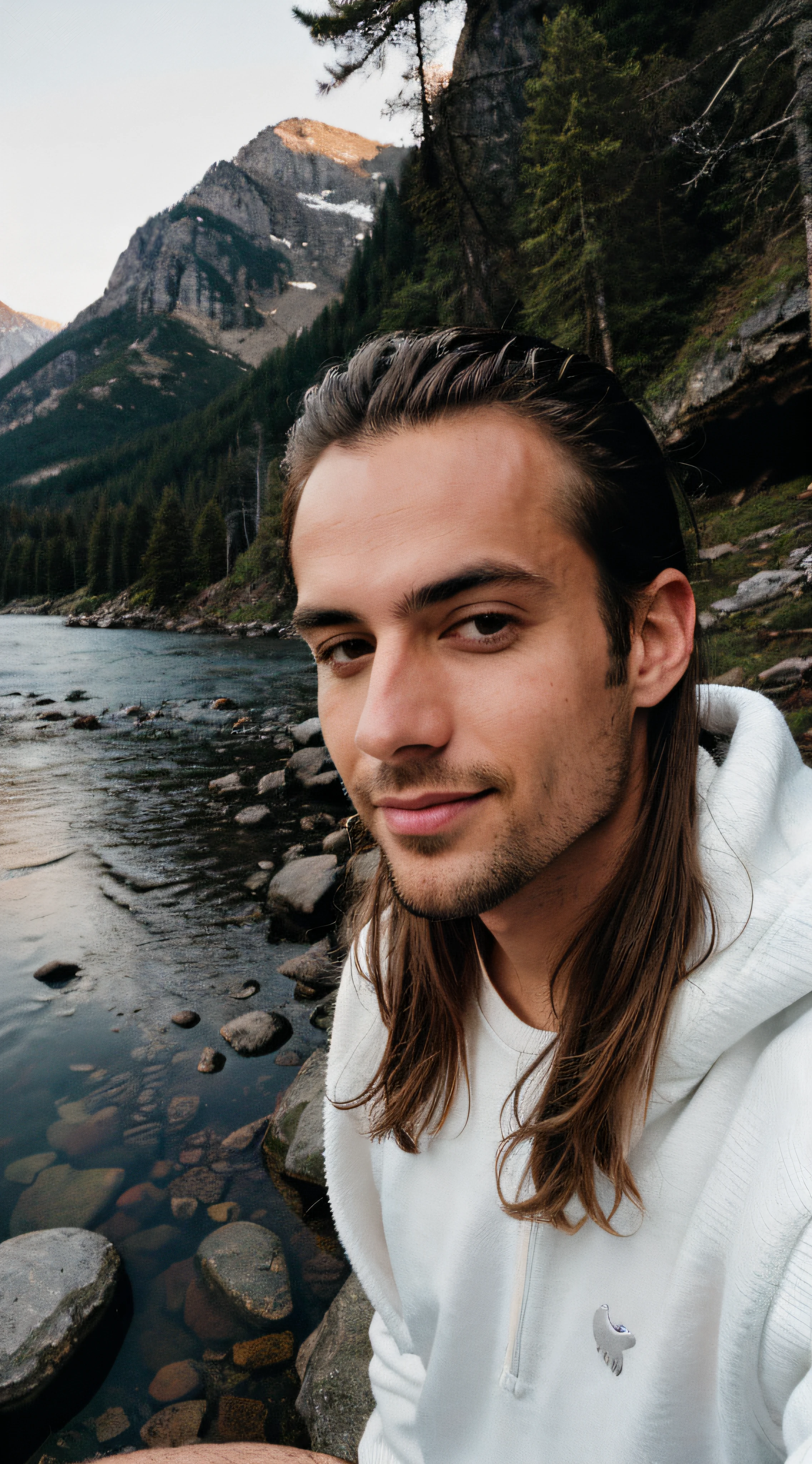photorealistic, best quality, hyperdetailed, slim guy, selfie photo, upper body, long hair, solo, wearing white swweater, outdoors, mountains, real life nature, stars, moon, (cheerful, happy), flashlight, forest, rocks, river, wood, smoke, fog, clear sky, analog style, skin texture, film grain, close-up, ultra high resolution, best shadow, RAW, instagram LUT