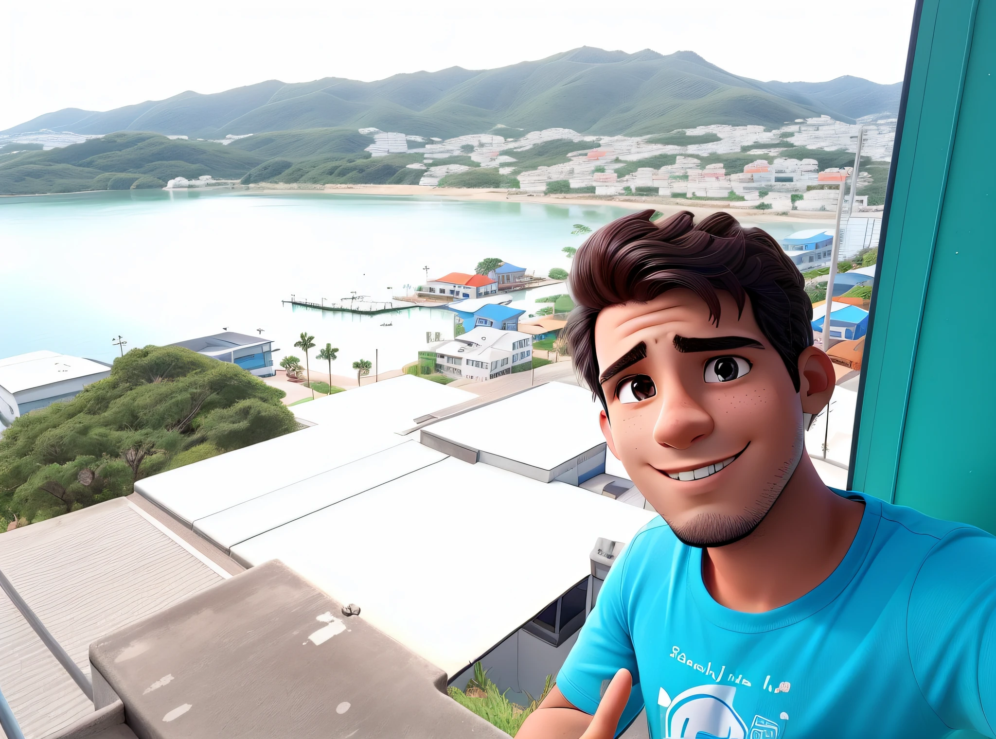 Um lindo homem olhando avista na janela e tirando uma selfie
