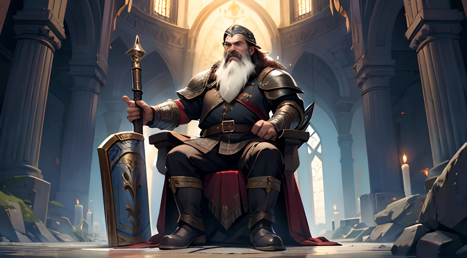 Dwarf, velho, barba longa, trono, sentado, armadura, escudo, Martelo grande