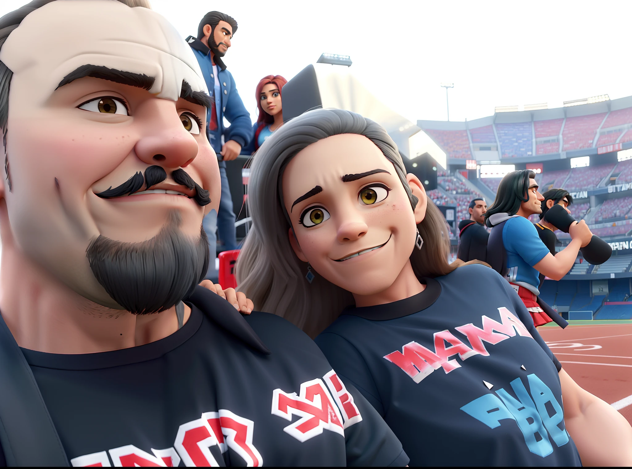 um bonito casal latino americano apaixonado por heavy metal, a mulher tem cabelos loiros e o homem tem barba curta e usa camisa do iron maiden. They are in the football stadium at the concert of the band Iron Maiden