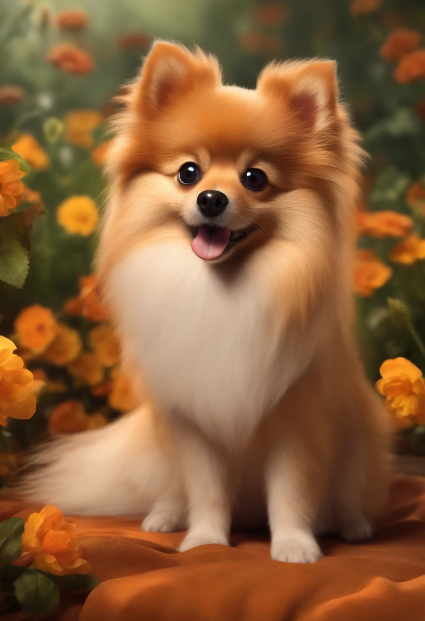 animated disney poster of small German Spitz, caramel-colored hair, big black eyes, very hairy