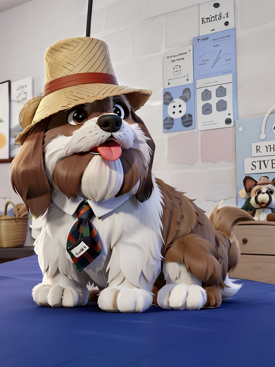 Shi-tzu dog, He's got a straw hat and a checkered tie, he's got his tongue out