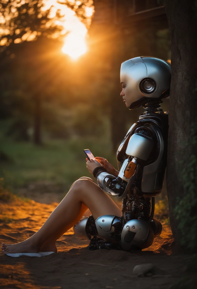 15 year old human girl sitting on her back watching the beautiful sunset and sitting next to her next to an android robot