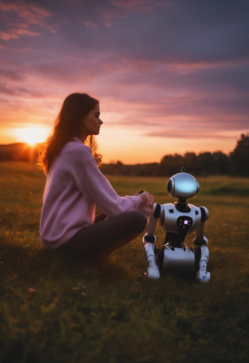  human girl sitting on her back watching the beautiful sunset and sitting next to her next to an android robot